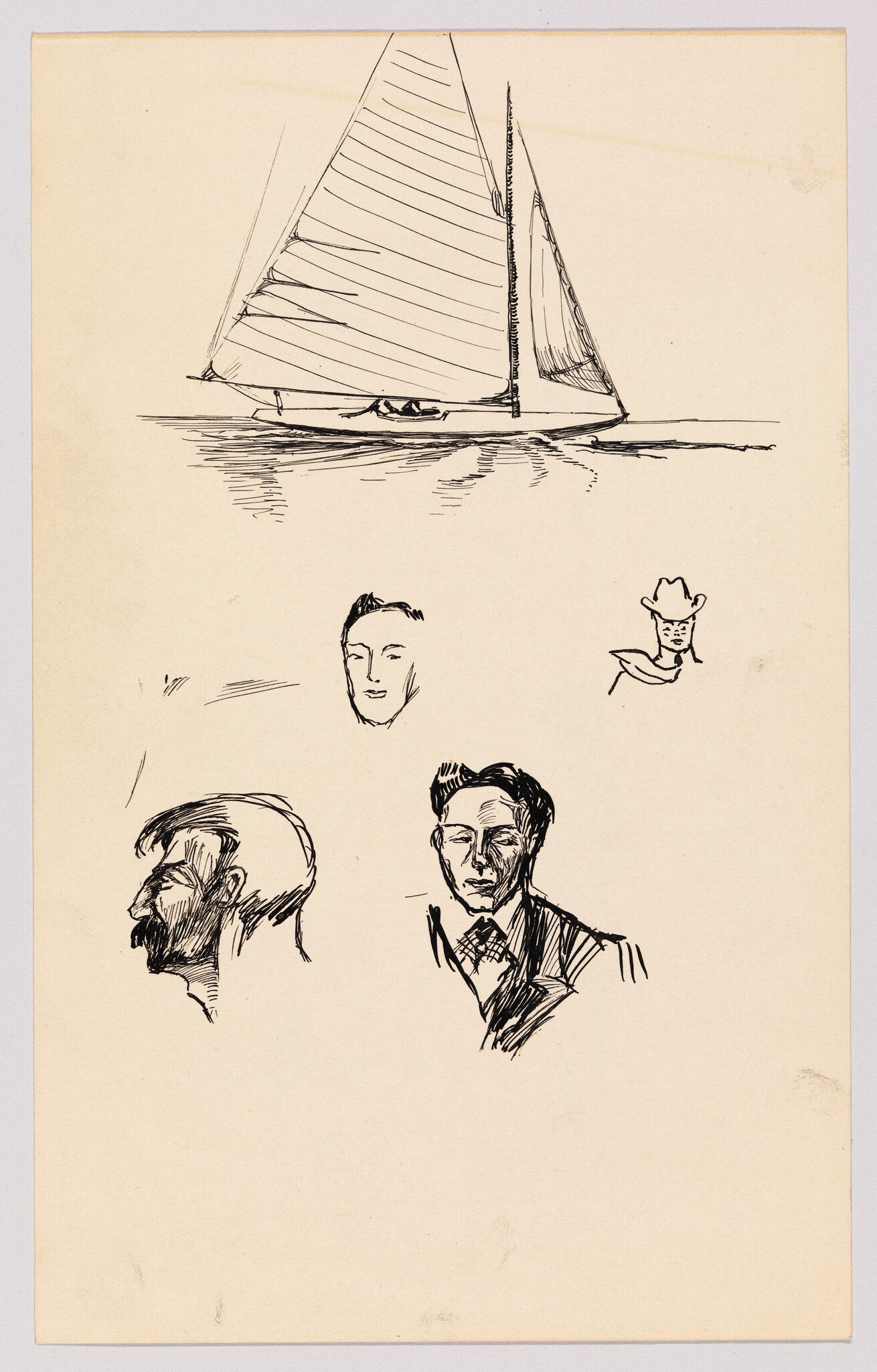 A large ink sailboat sketch above several small ink portraits of men's heads on paper.