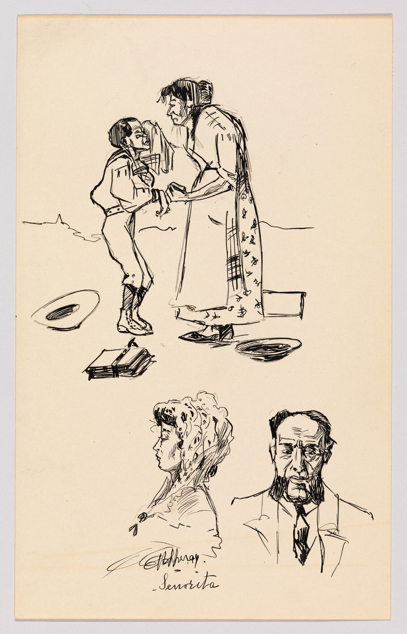 An older woman leans toward a young boy, scolding him while holding his hands, with two portraits below.