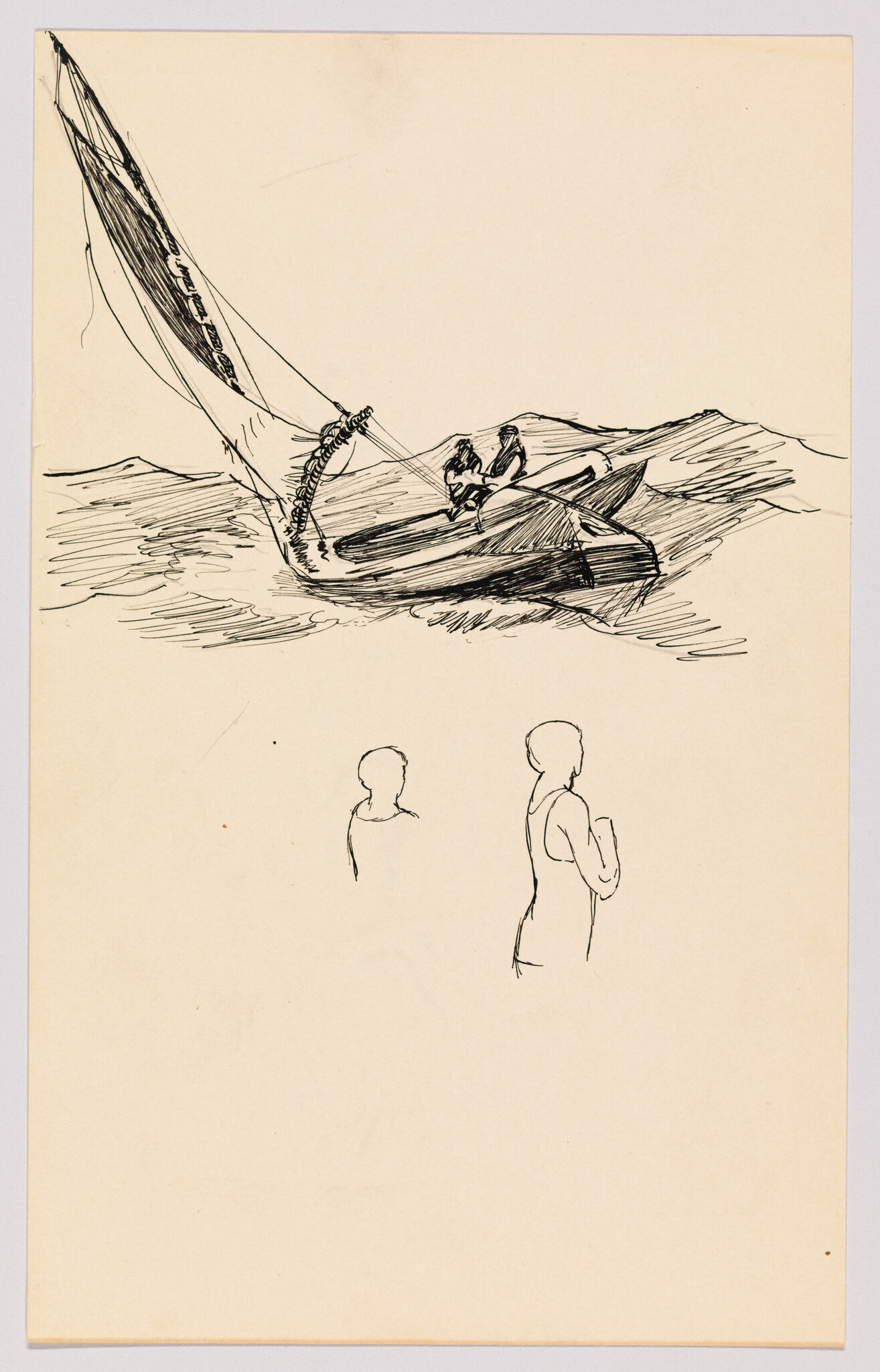 A small sailboat with two people leans on choppy water while two figures watch from shore.