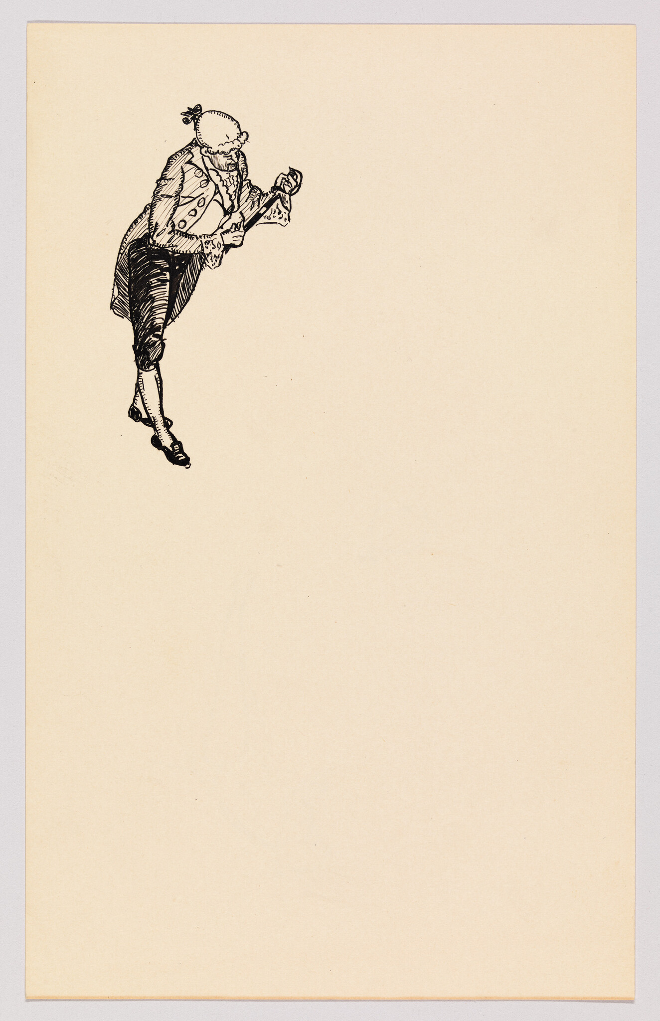 A small ink drawing shows a man in 18th-century clothes bowing and holding a hat.