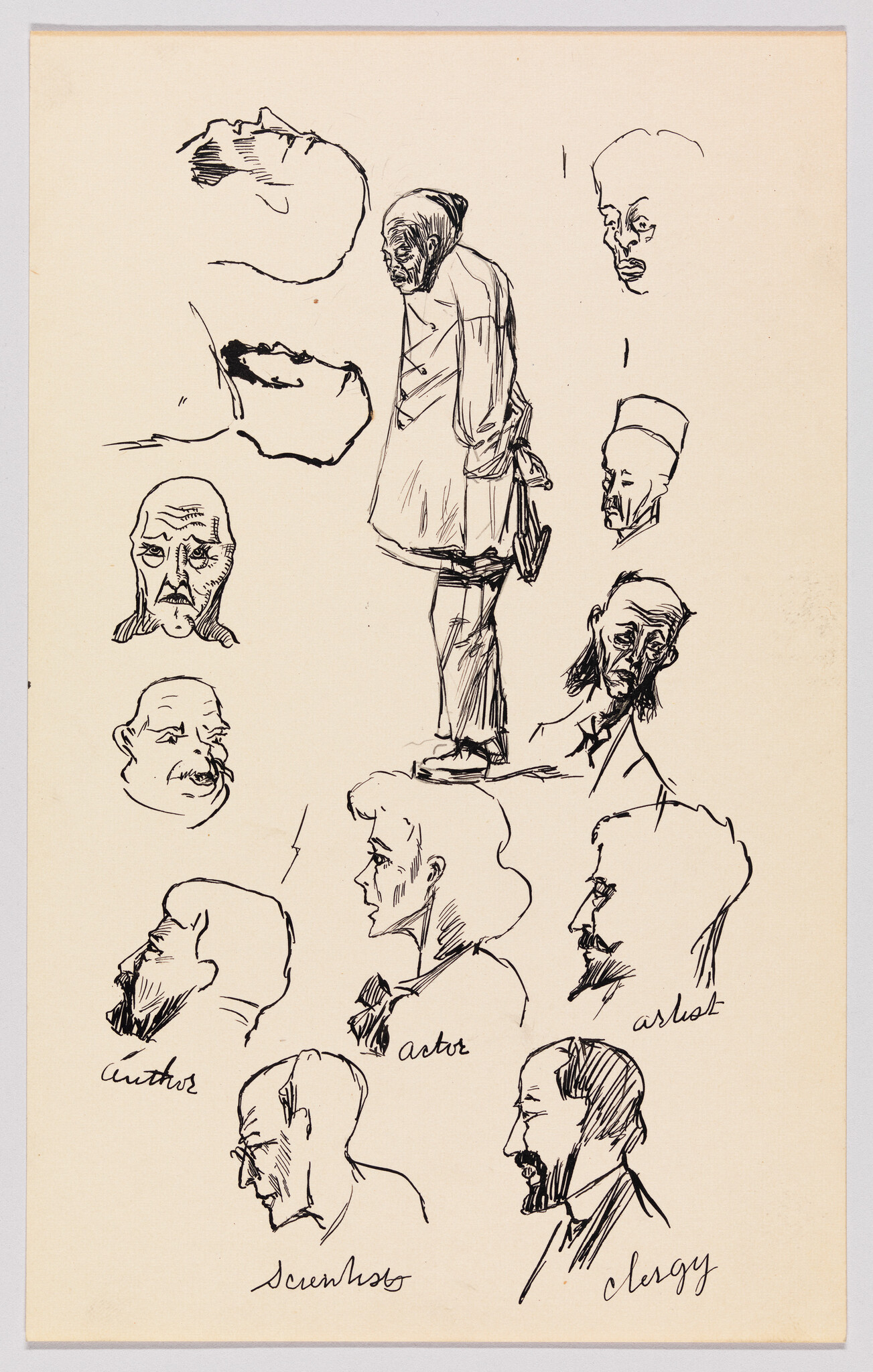 A sketch page featuring a variety of quick portrait studies and one full-body figure. The portraits depict different facial expressions and angles, with some labeled as "author," "actor," "artist," "senator," and "clergy." The full-body figure appears to be an elderly person standing with a slight stoop, holding onto a chair or walking aid. The sketches are done in black ink on a beige paper background.