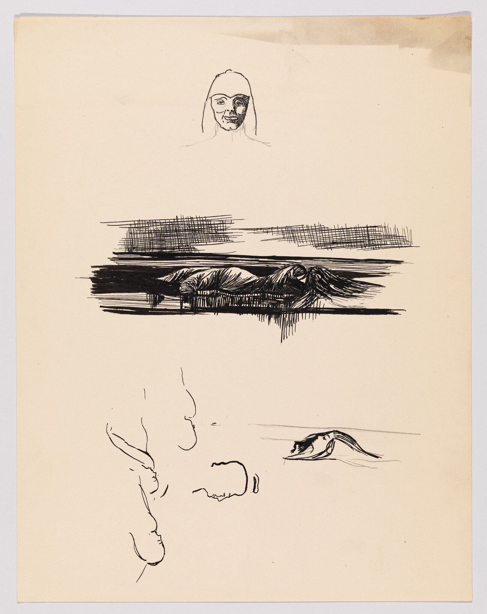 Multiple quick ink sketches showing a reclining figure, a small portrait head, and profile studies.