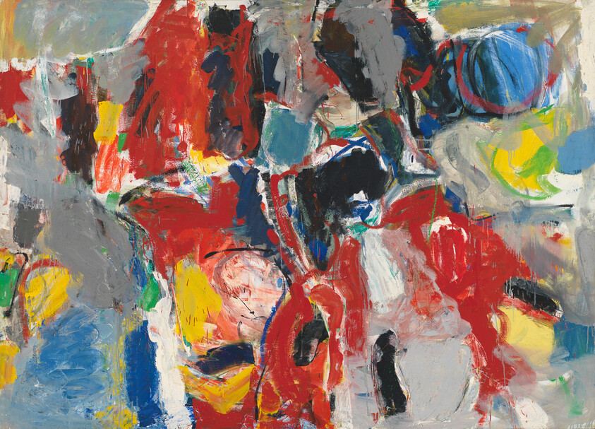 Bright abstract painting with bold red, blue, and yellow brushstrokes creating energetic layered forms.