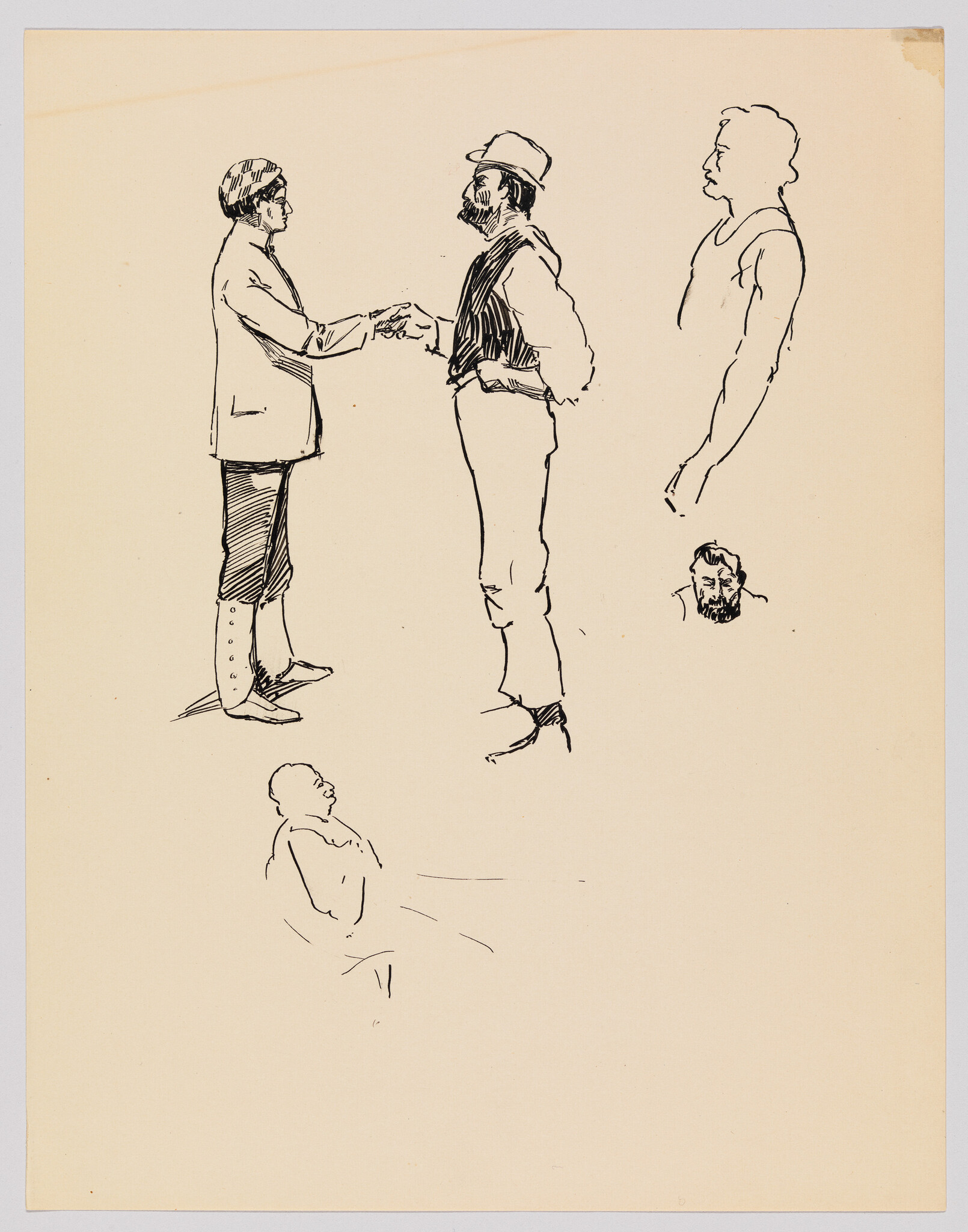 Two men shake hands while other quick sketches of standing and seated men surround them.