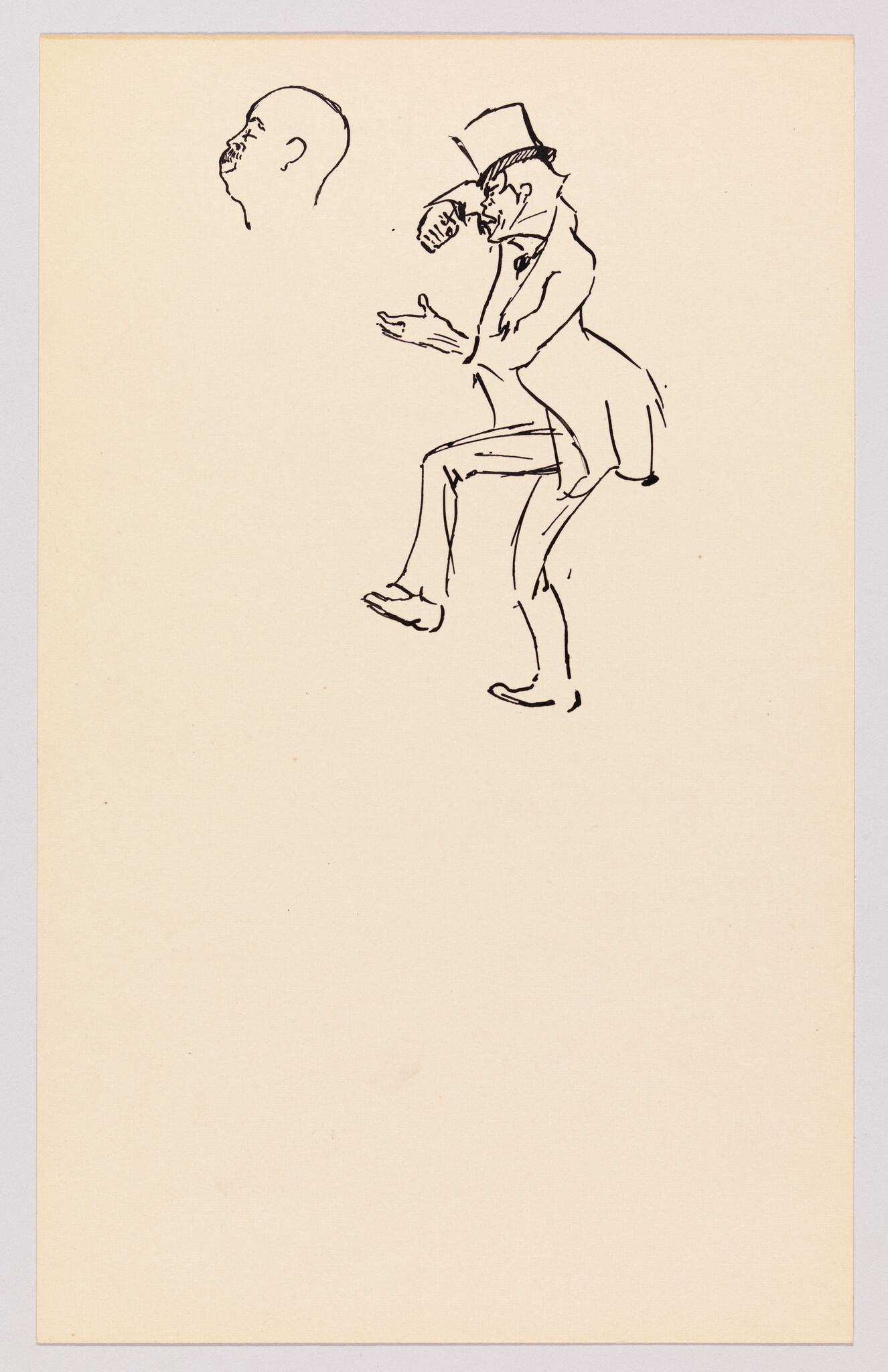 A quick ink sketch of a man in a top hat stepping forward with hand raised to his face.