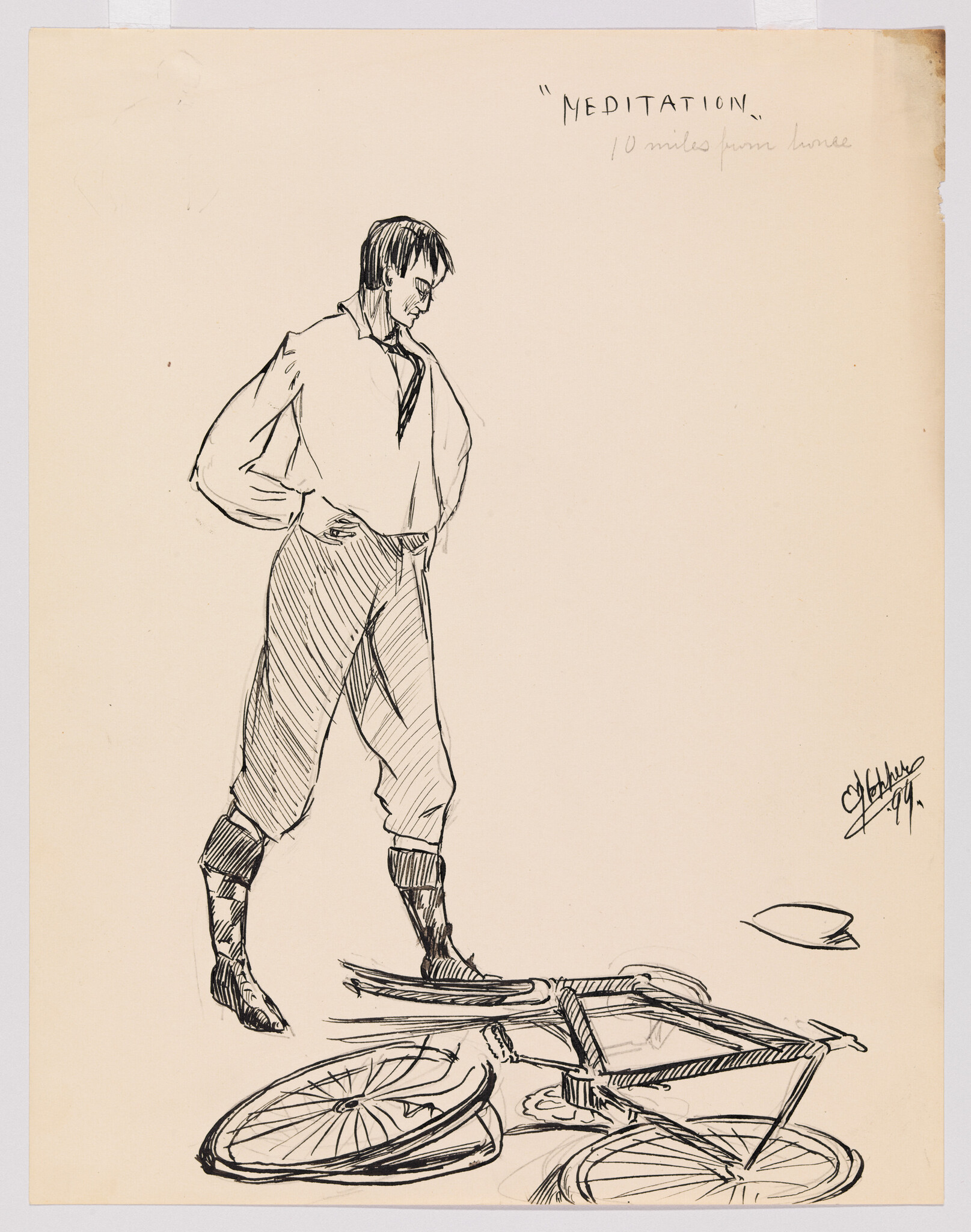 A man stands with hands on hips, looking down at a broken bicycle on the floor.