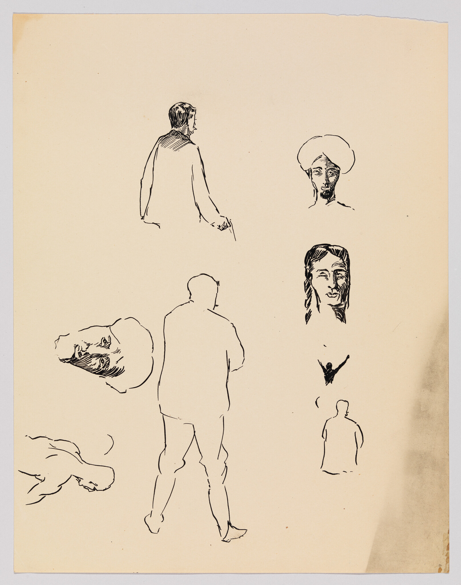 Several quick ink sketches show different human figures and faces, including a man seen from behind.