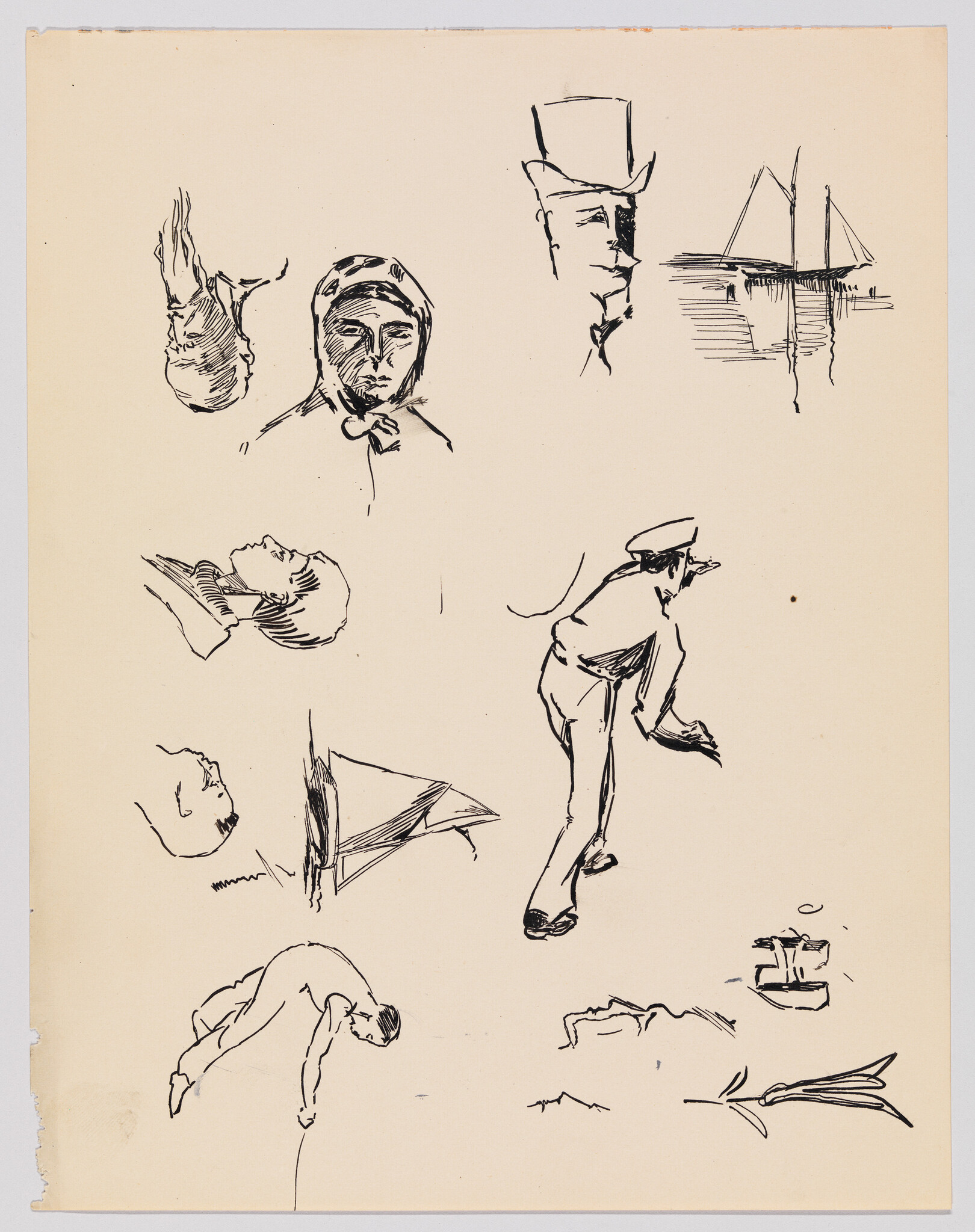 Multiple quick ink sketches showing faces, a sailor bending forward, and small sailboats.