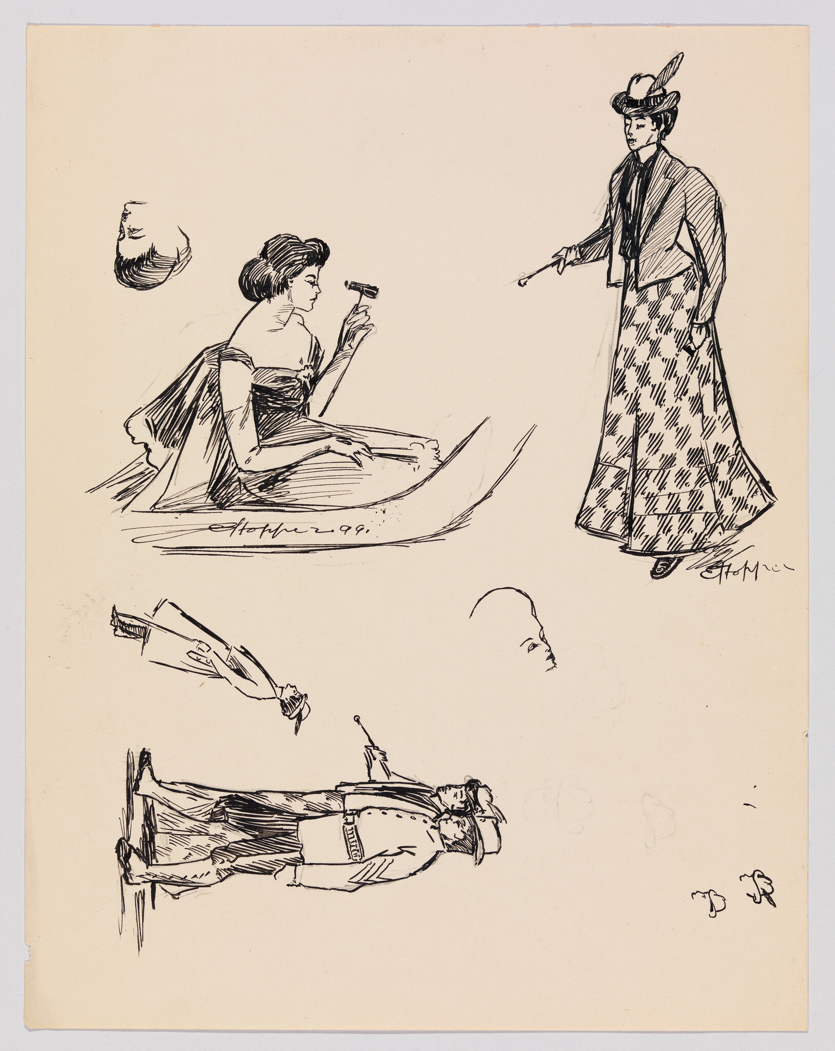 Multiple pen sketches of women in period clothing, one seated holding a small hand mirror.