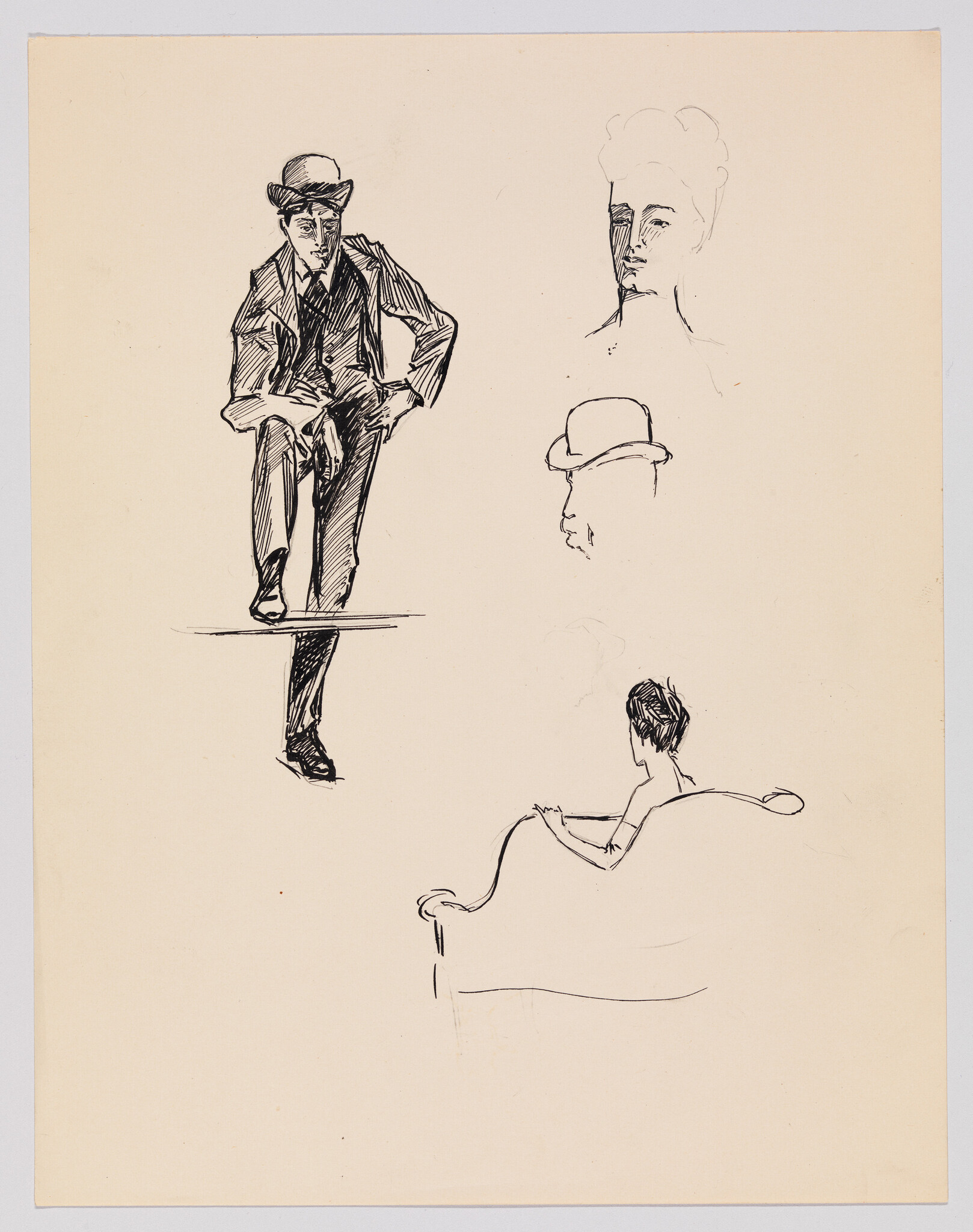 A man in a suit and bowler hat steps forward with one foot raised on a ledge.