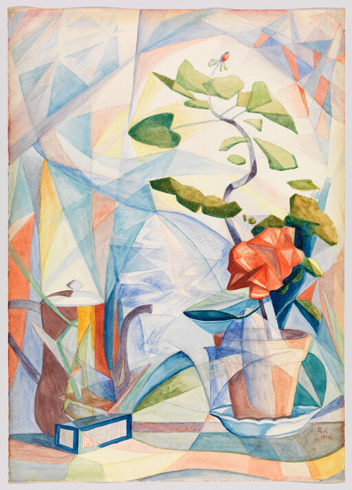 A potted plant with a red geometric flower sits on a saucer amid abstract angular shapes.