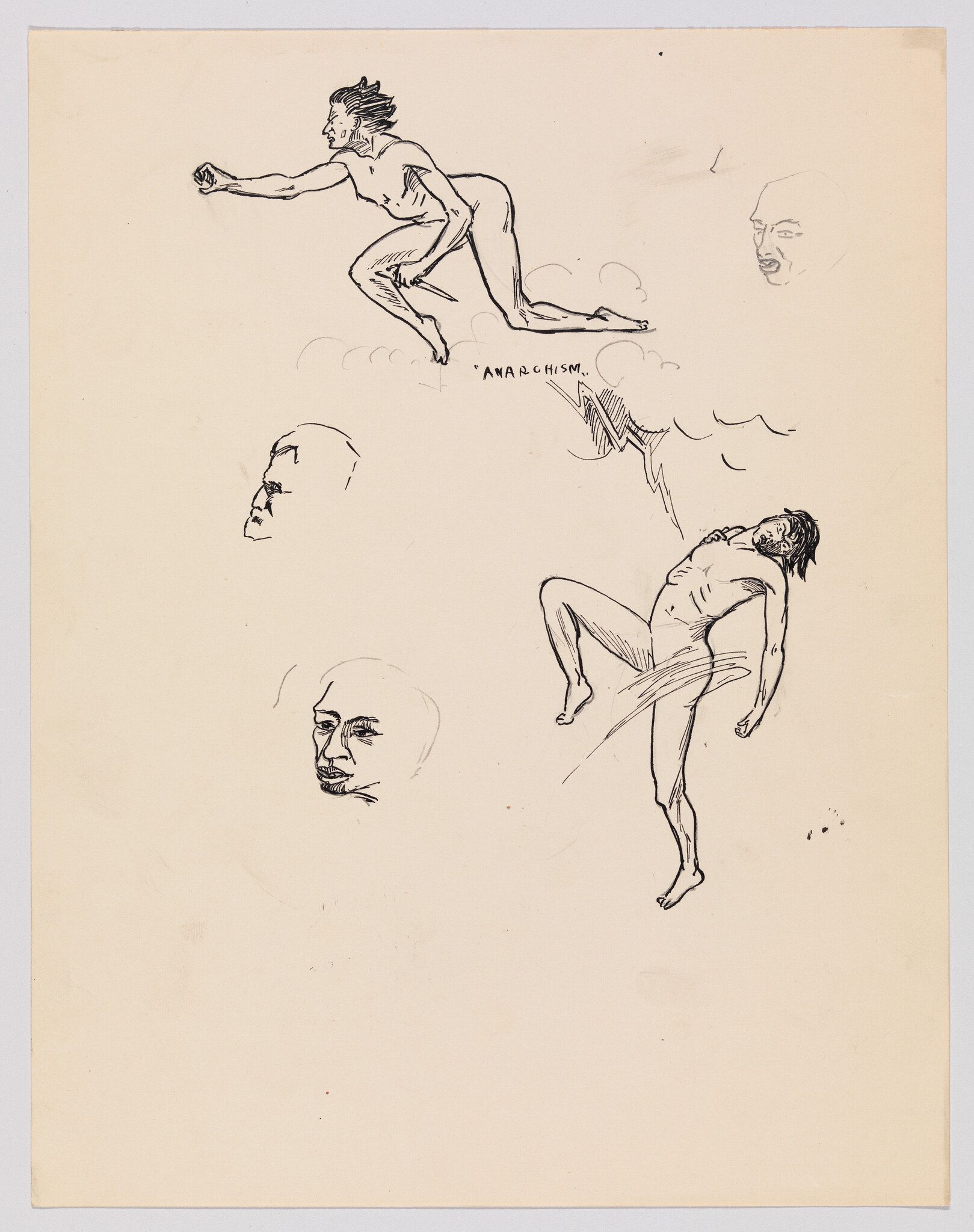 A pen drawing of two nude men in active poses with floating heads and the word anarchism.