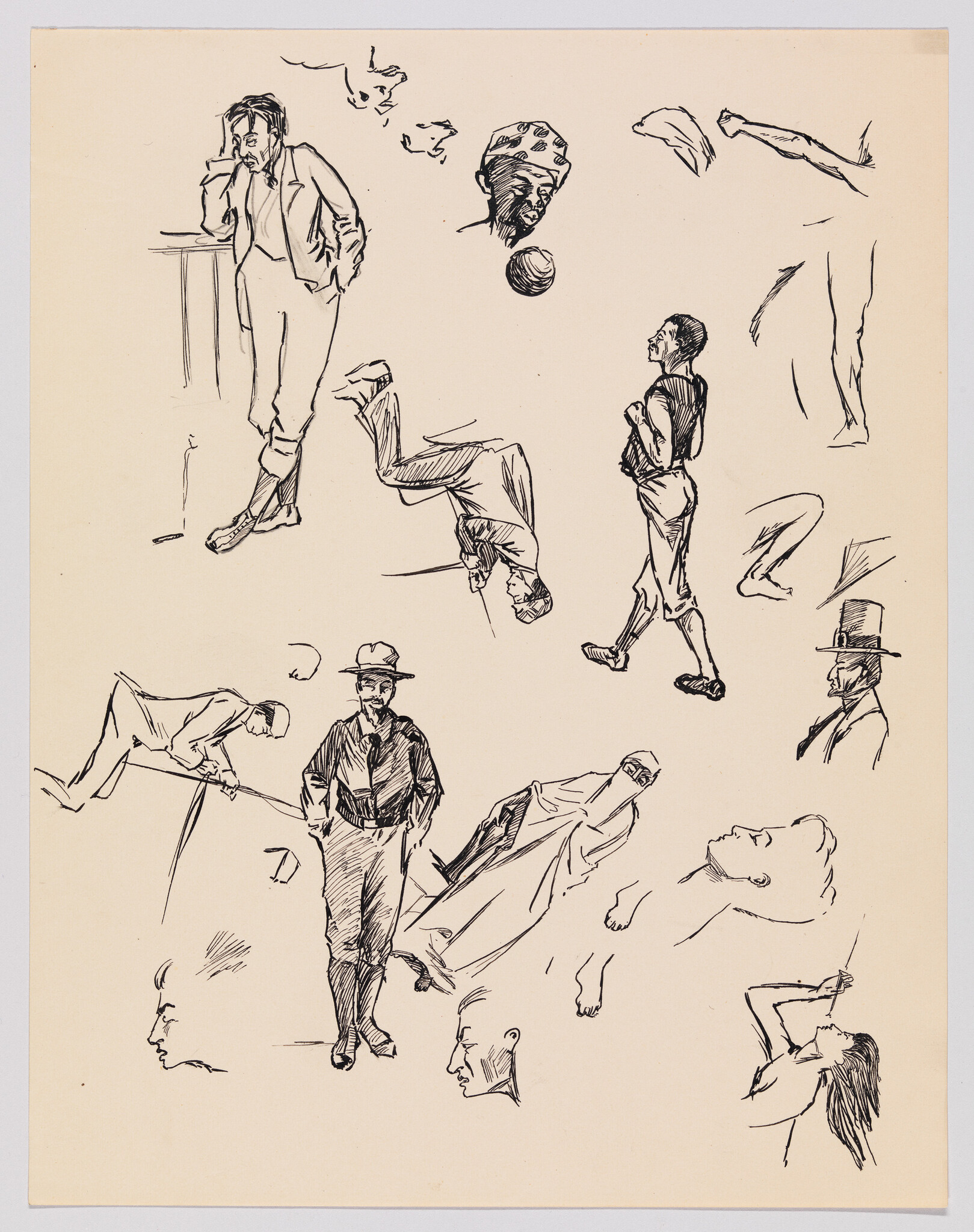 Various quick ink sketches of people in different poses and actions on cream paper.