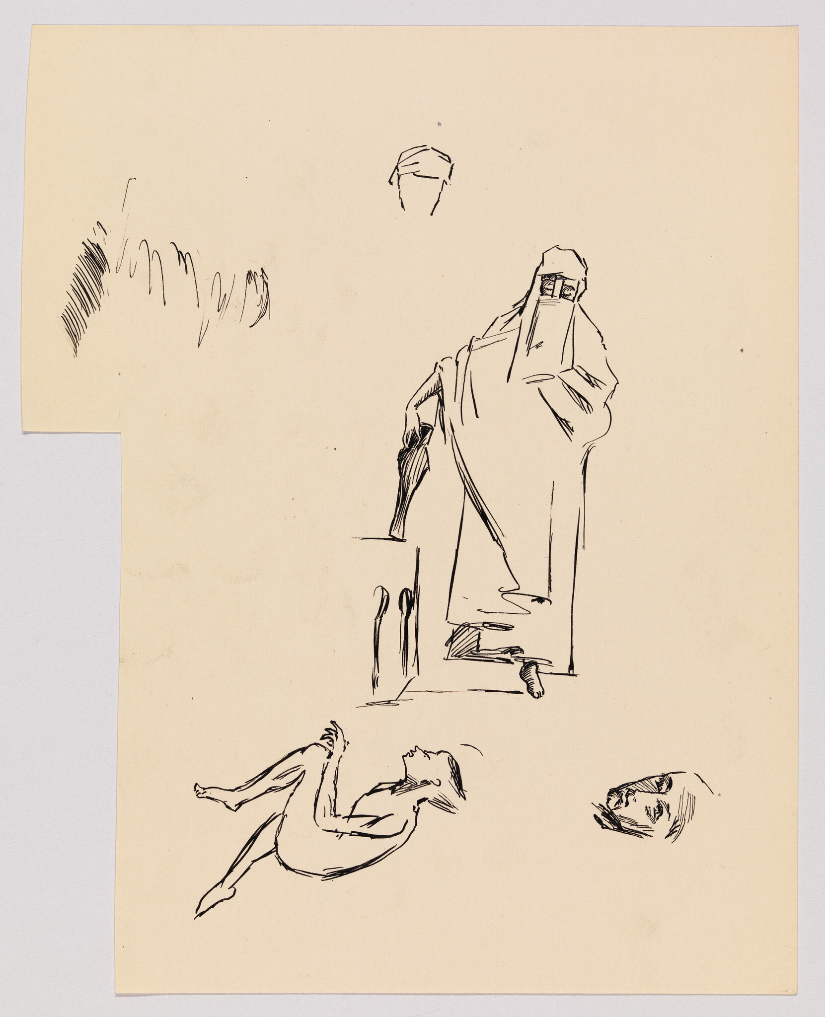 A veiled figure stands holding a pitcher while a naked figure lies curled and a detached head looks on.