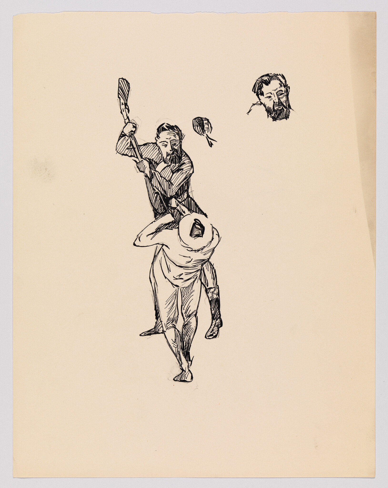 A bearded man raises a club to strike another person who crouches and shields their head.