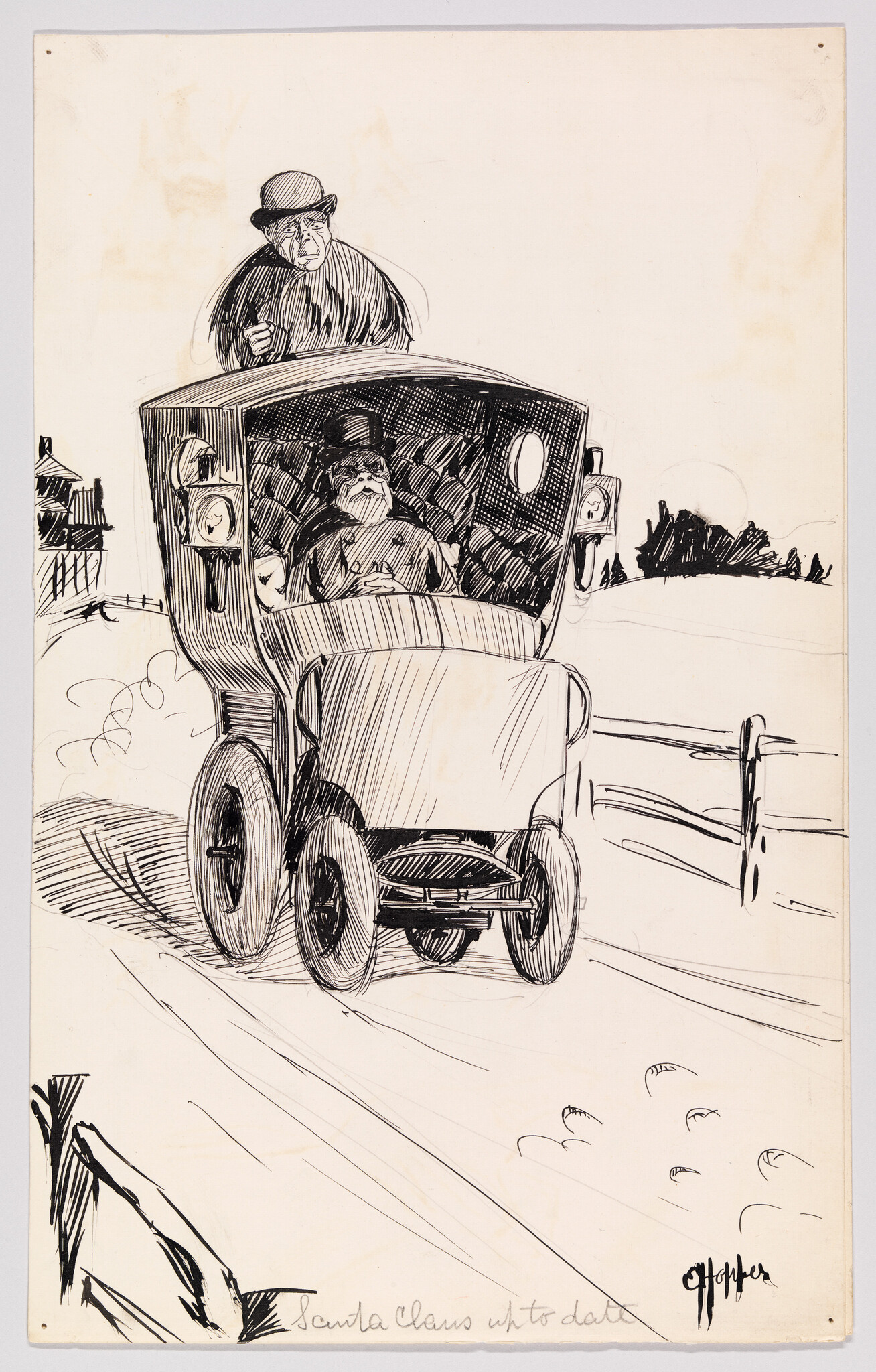 An elderly man in a formal hat rides inside a motorized carriage while another man stands behind.