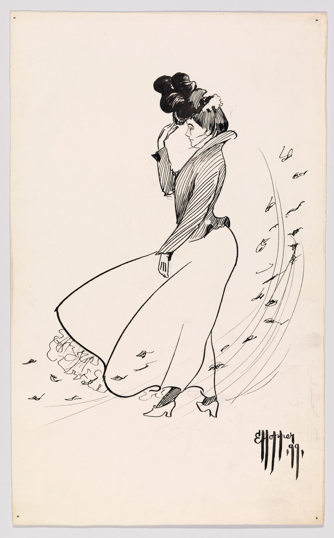 Illustration of an elegantly dressed woman in profile view, holding onto her hat adorned with large feathers, as her skirt billows in the wind, with leaves being swept along the gusts around her. The artwork is done in a black ink sketch style on a cream-colored background, with the artist's signature at the bottom right.