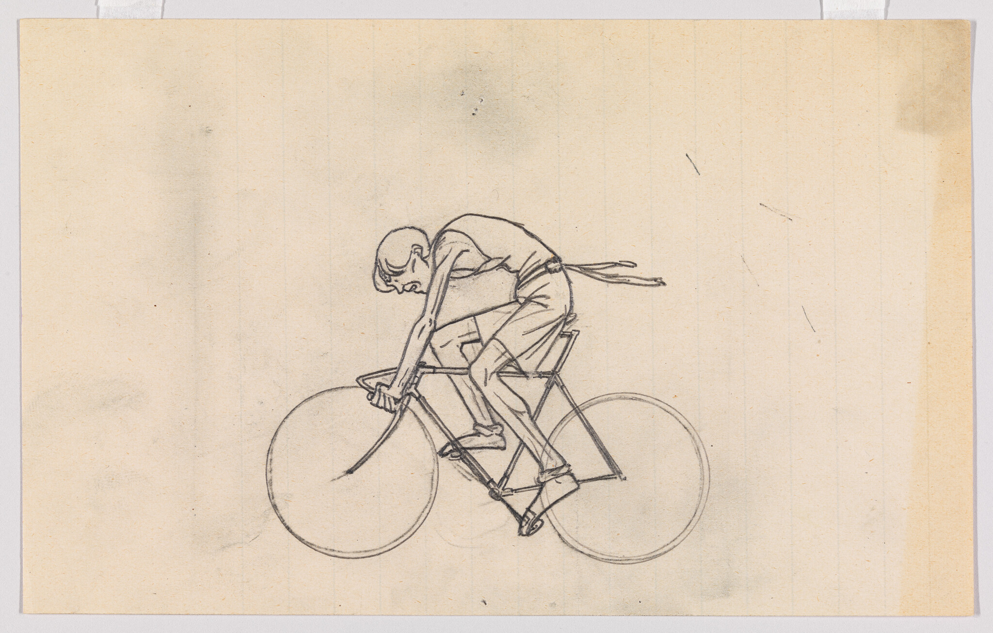 A sketch of a person riding a bicycle, depicted in a dynamic, leaning forward position, with emphasis on the movement and mechanics of cycling. The drawing is on aged paper with visible creases and marks.