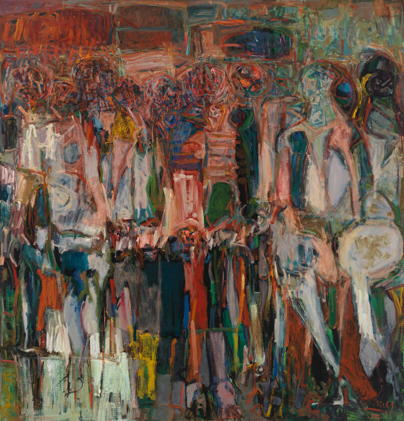 A crowded group of abstract figures stands closely together in vibrant, layered brushstrokes.