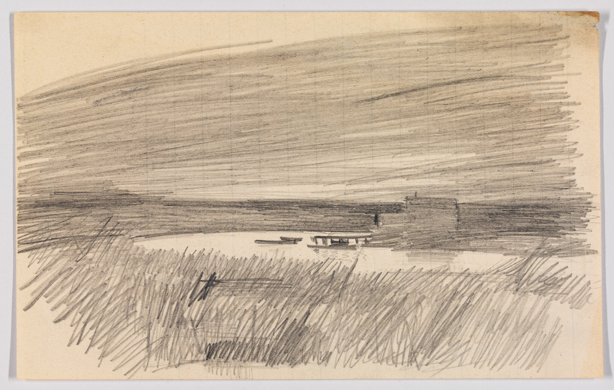 A pencil sketch shows marshy shoreline with reeds in foreground, small boats, and distant buildings.