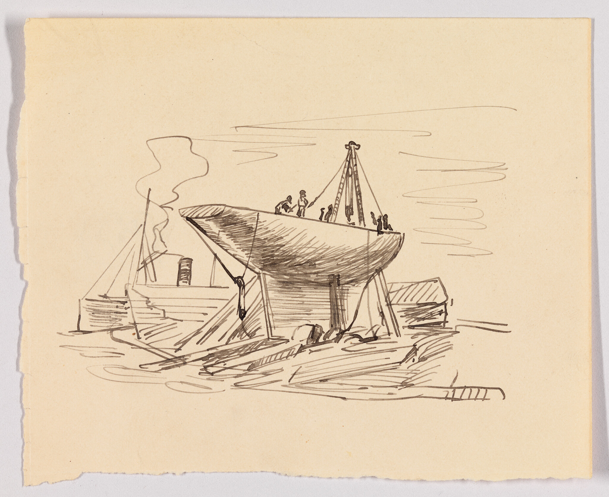 A sketch shows a large boat on supports with workers on deck and a steamship nearby.