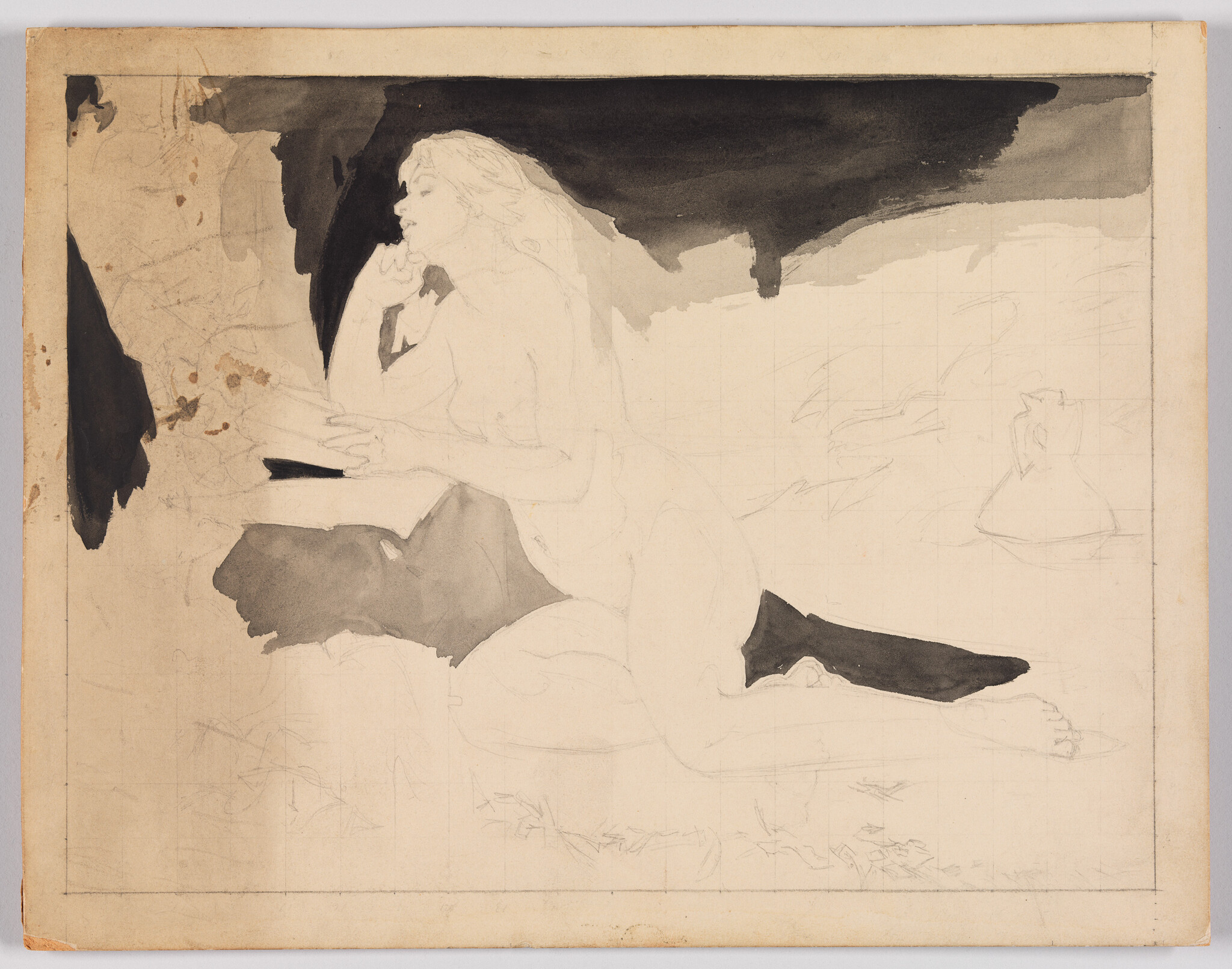 A woman reclines on her side, resting her chin on her hand and reading a book.