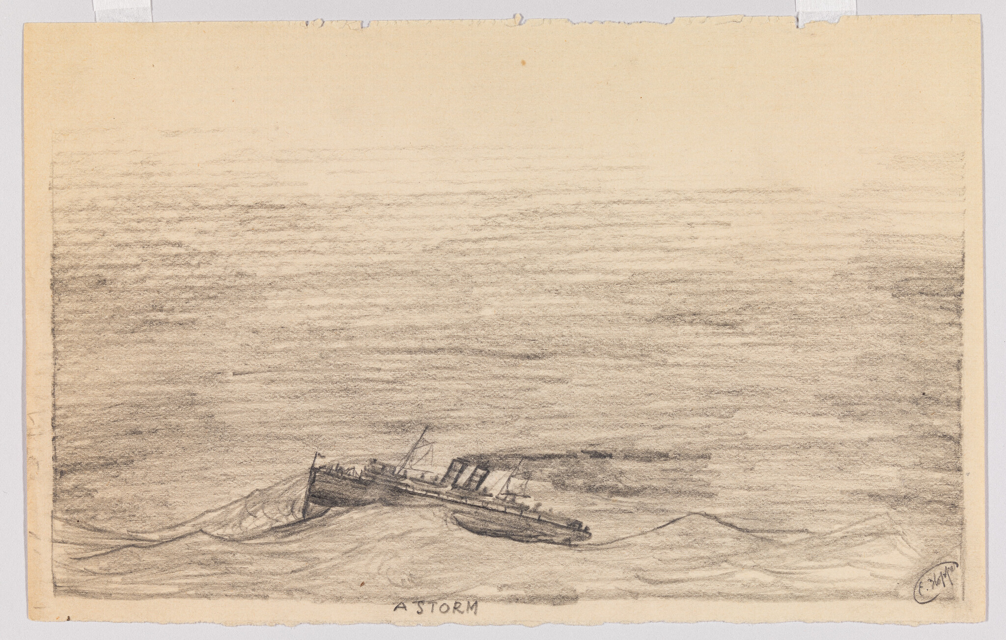 Ship pitching through rough waves under heavy clouds with the caption "A Storm."