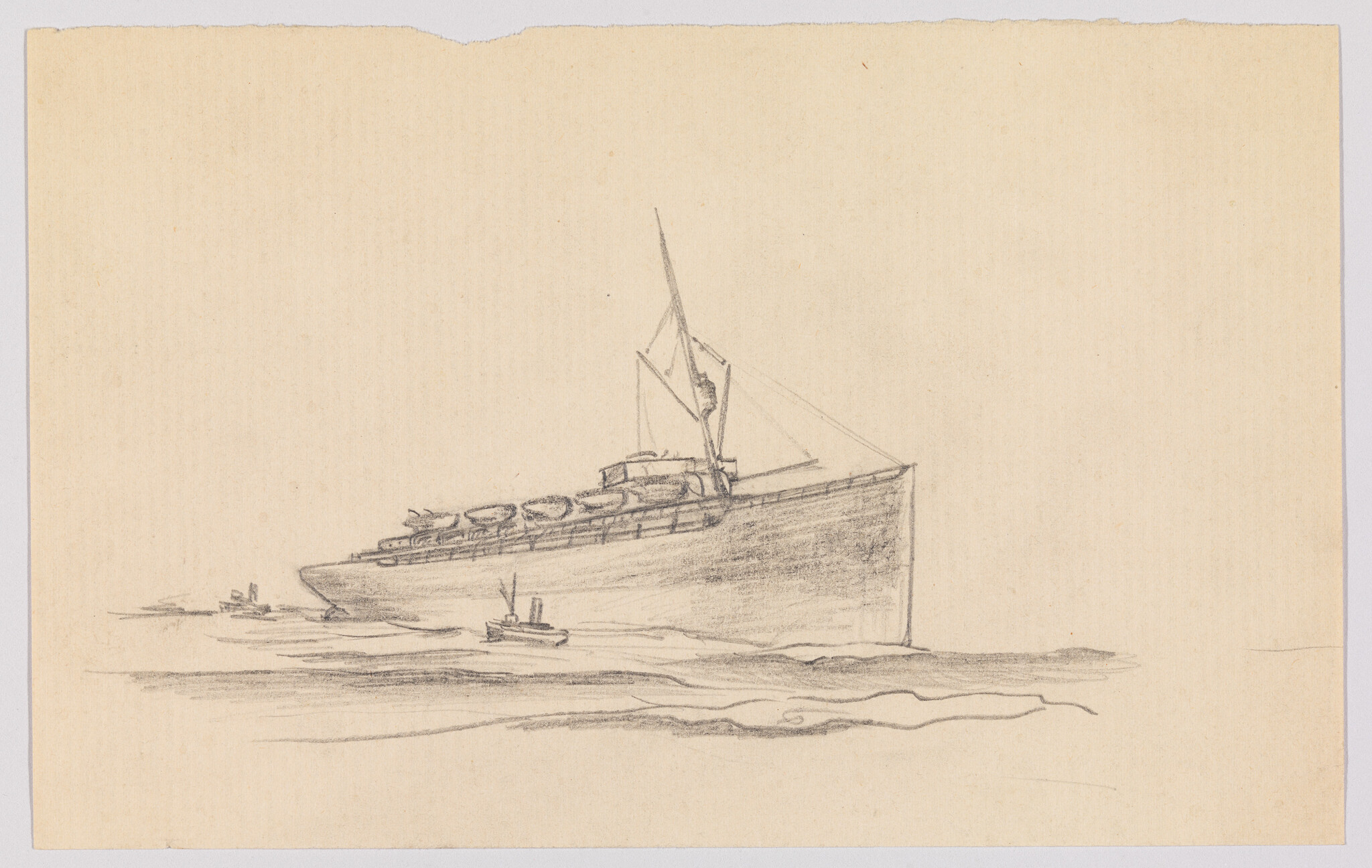 A pencil sketch shows a large ship with small boats alongside on calm water.
