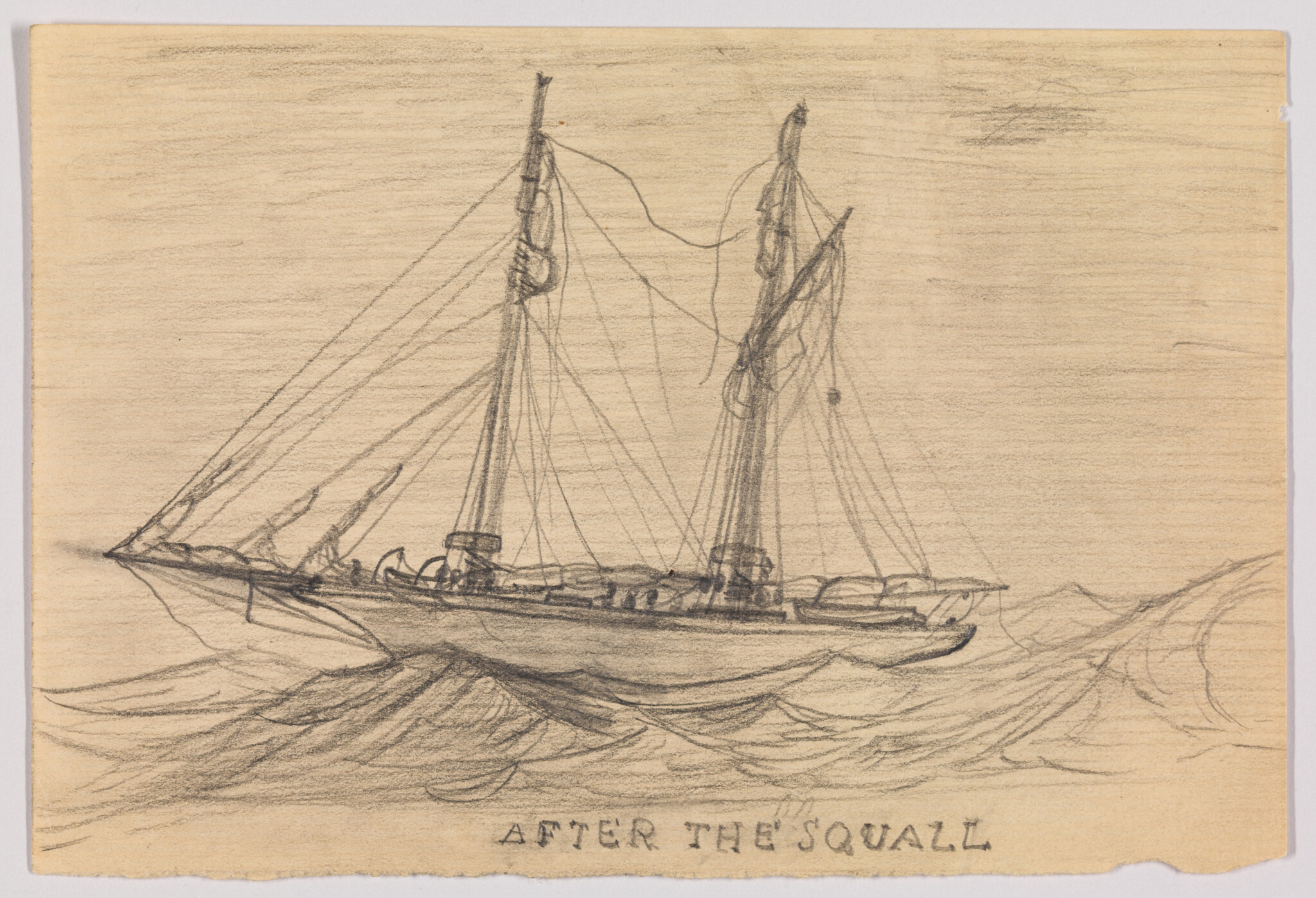 Two-masted sailing ship riding choppy waves with handwritten title "After the Squall."