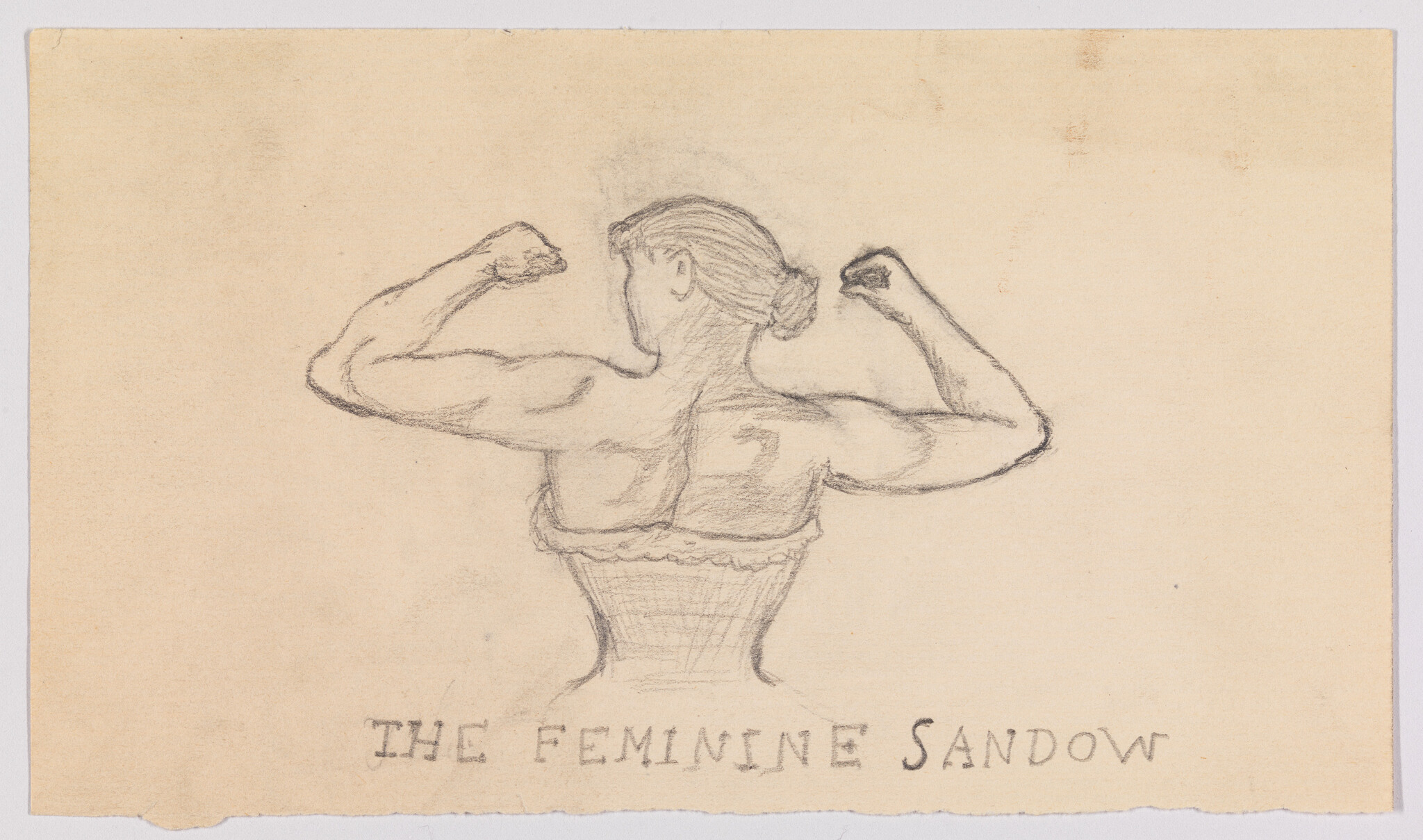 Pencil sketch of a woman flexing back muscles while wearing a corset with the caption "The Feminine Sandow".
