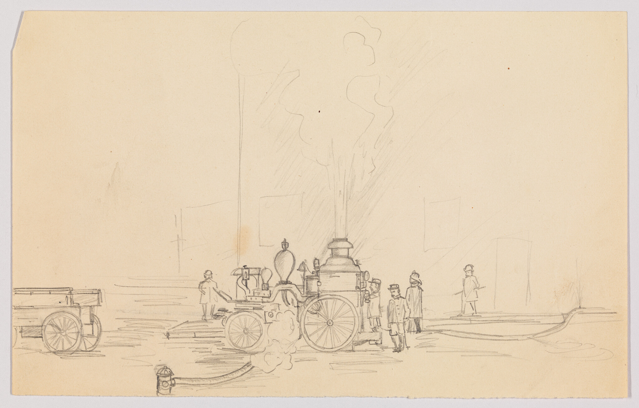 A pencil sketch shows a steam fire engine with firefighters standing nearby and hoses on ground.