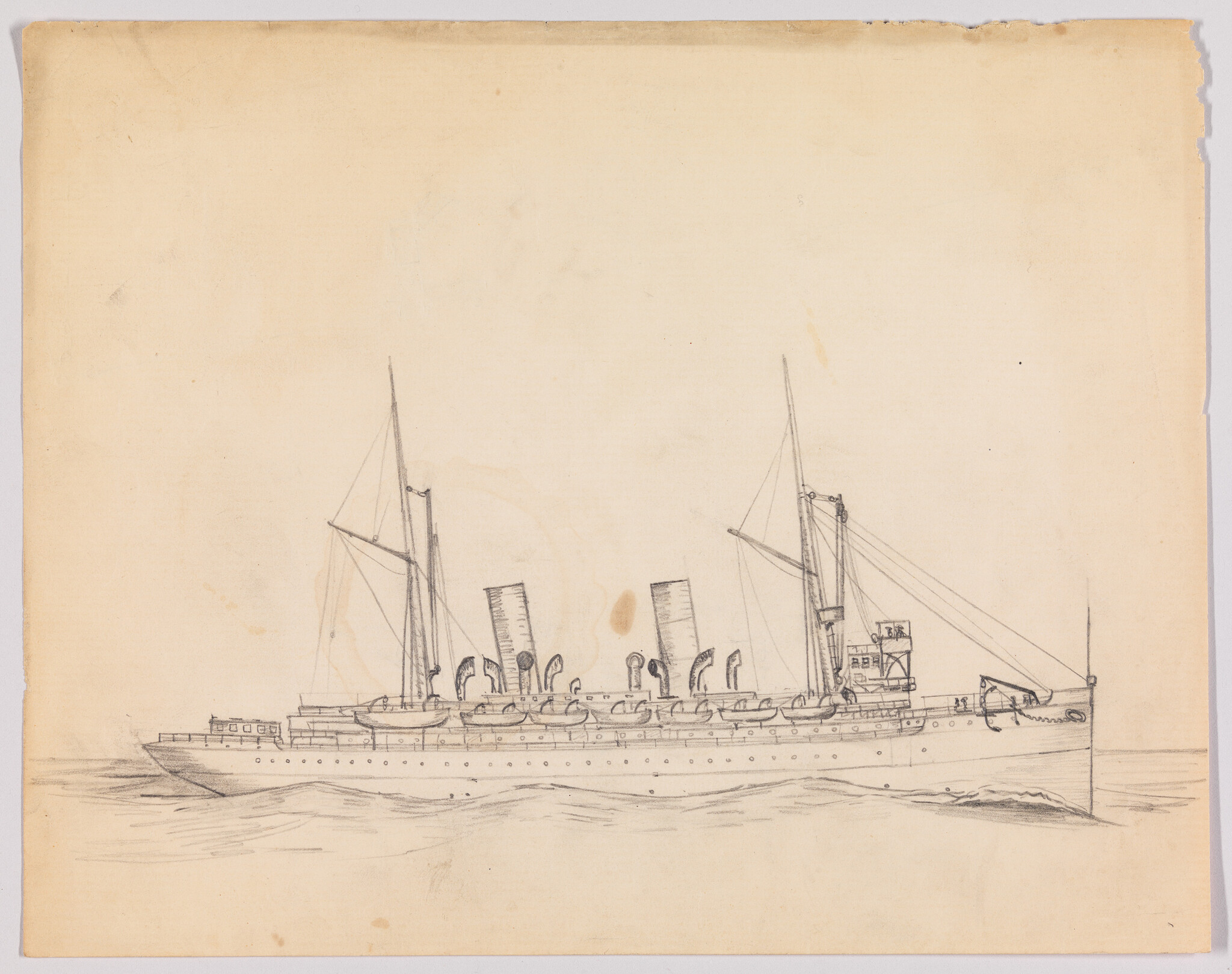 A pencil sketch of a large steamship with two funnels and multiple lifeboats at sea.