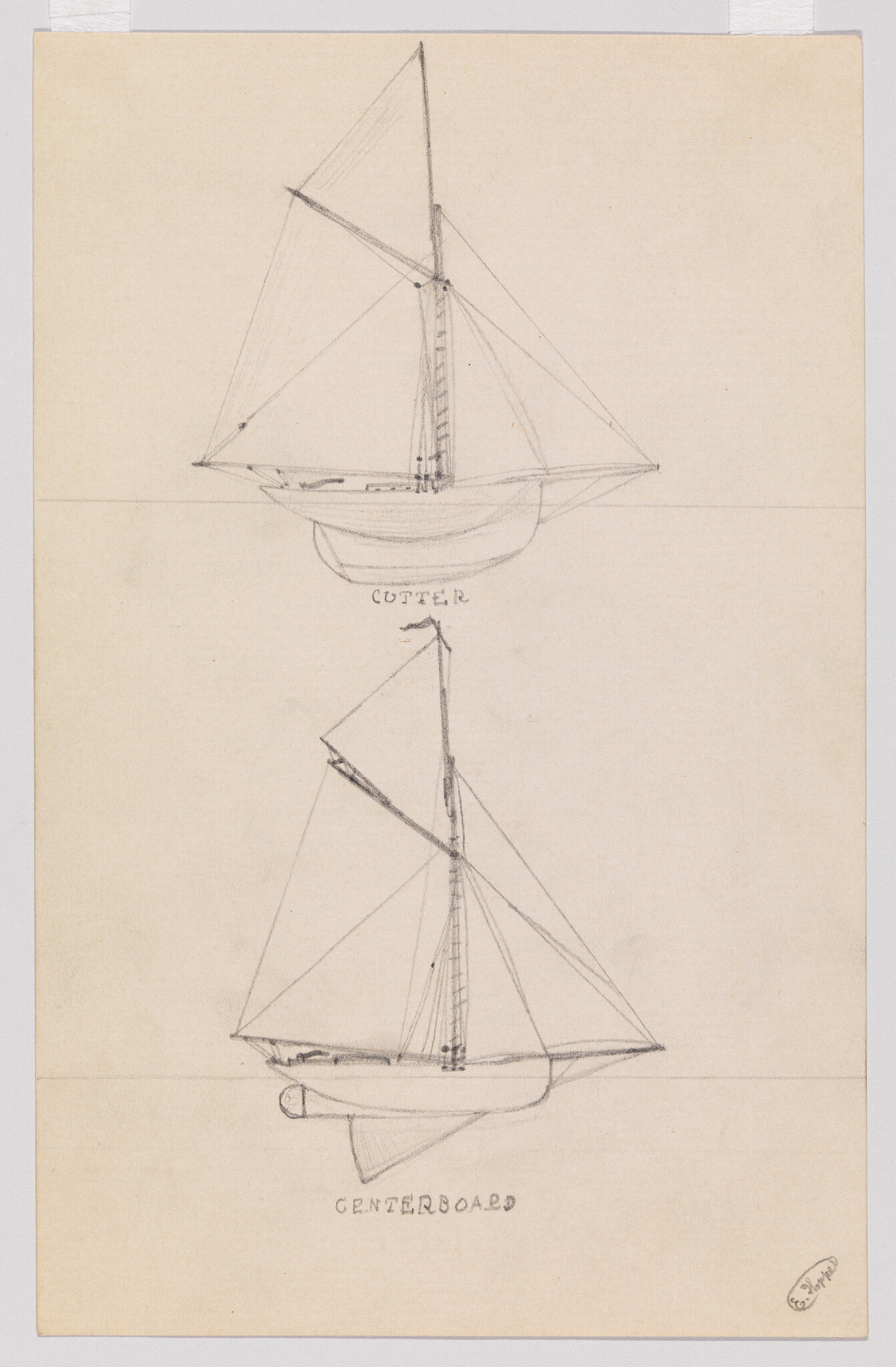 Two pencil sketches show small sailboats with masts and rigging labeled "Cutter" and "Centerboard."