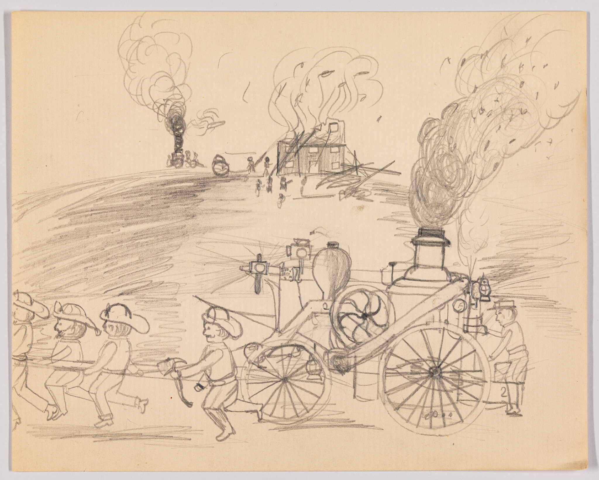 Firefighters pull a steam-powered fire engine toward a burning building with smoke rising.