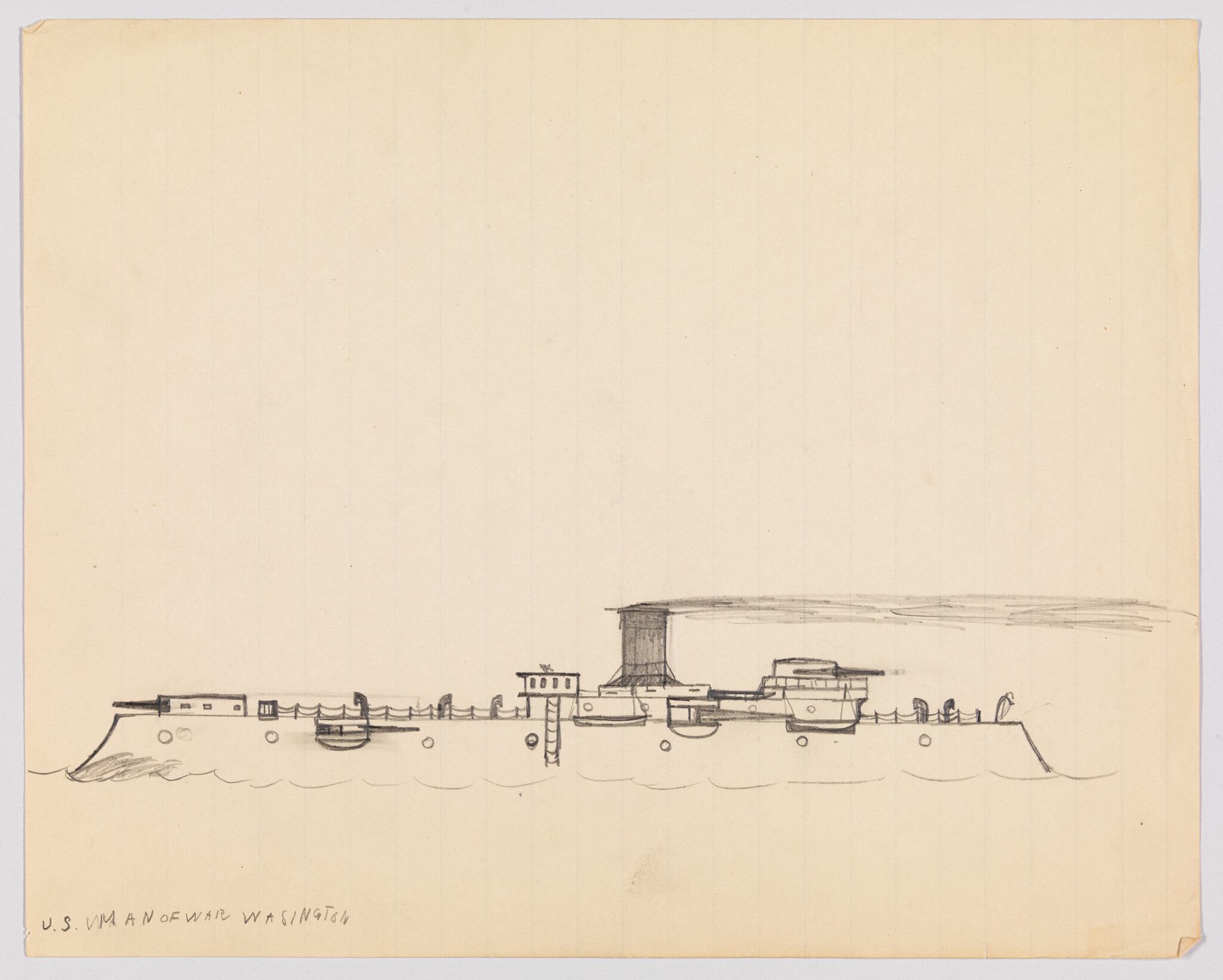 A hand-drawn sketch of the U.S. warship Washington on a beige paper background. The ship is depicted in profile with simple lines and minimal detail, floating on water with waves indicated beneath it. Smoke trails from the rear stack, suggesting movement. The drawing is labeled at the bottom with "U.S. WAR OF WAR WASHINGTON."