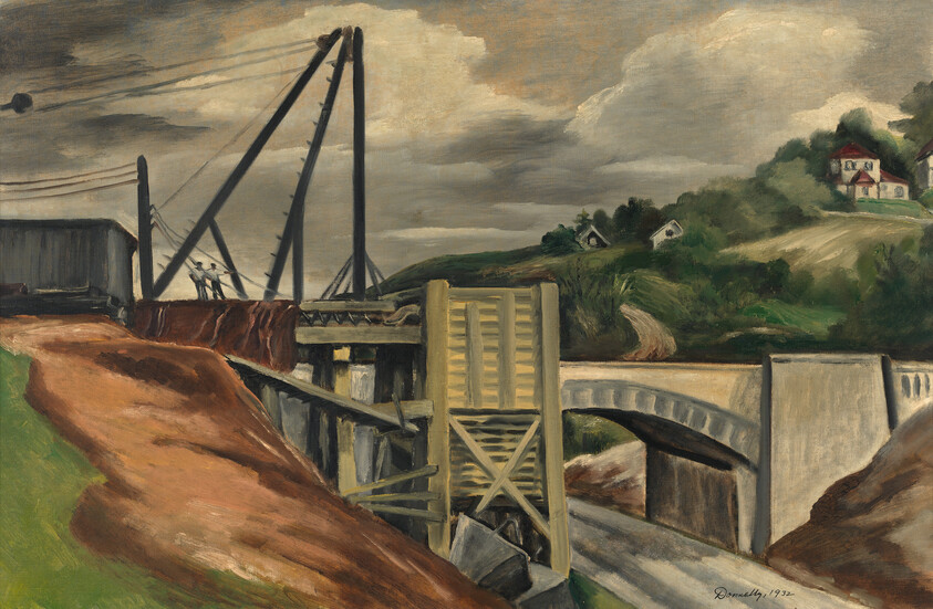 A wooden and concrete bridge under construction spans a river with hills and houses nearby.