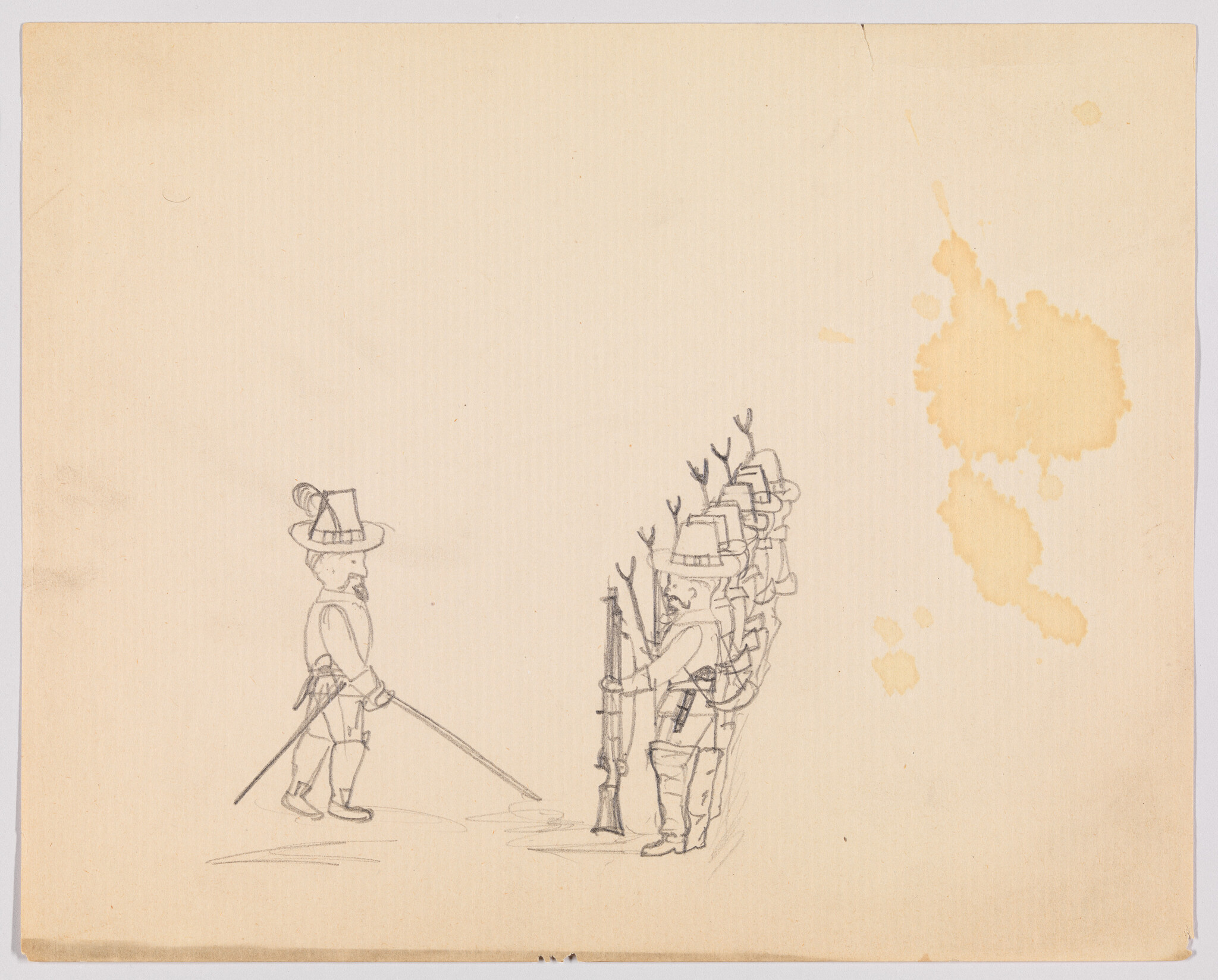 A man with a hat and sword confronts a row of soldiers holding rifles and bayonets.