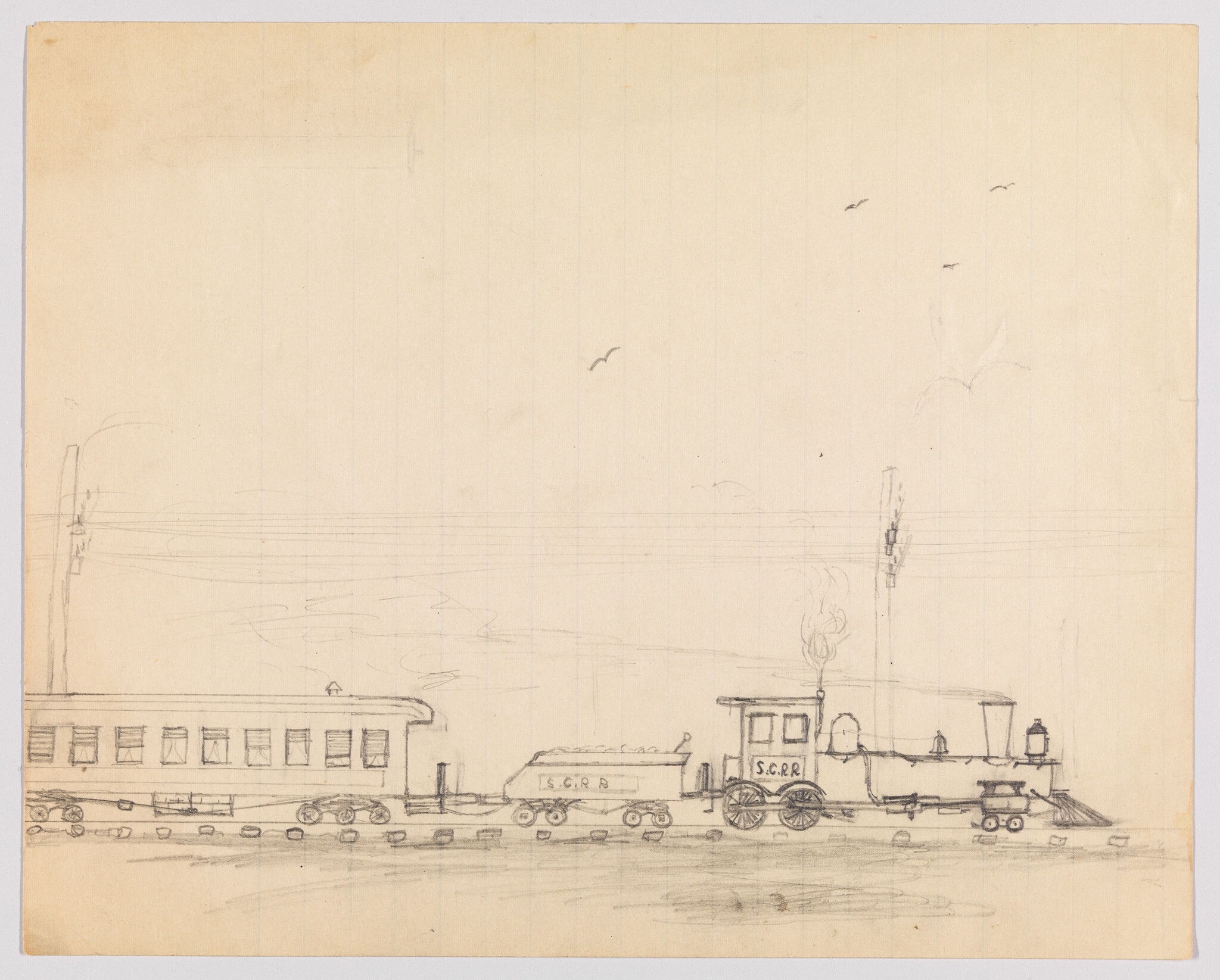 A small steam locomotive pulls a passenger car along tracks in a simple pencil drawing with smoke.