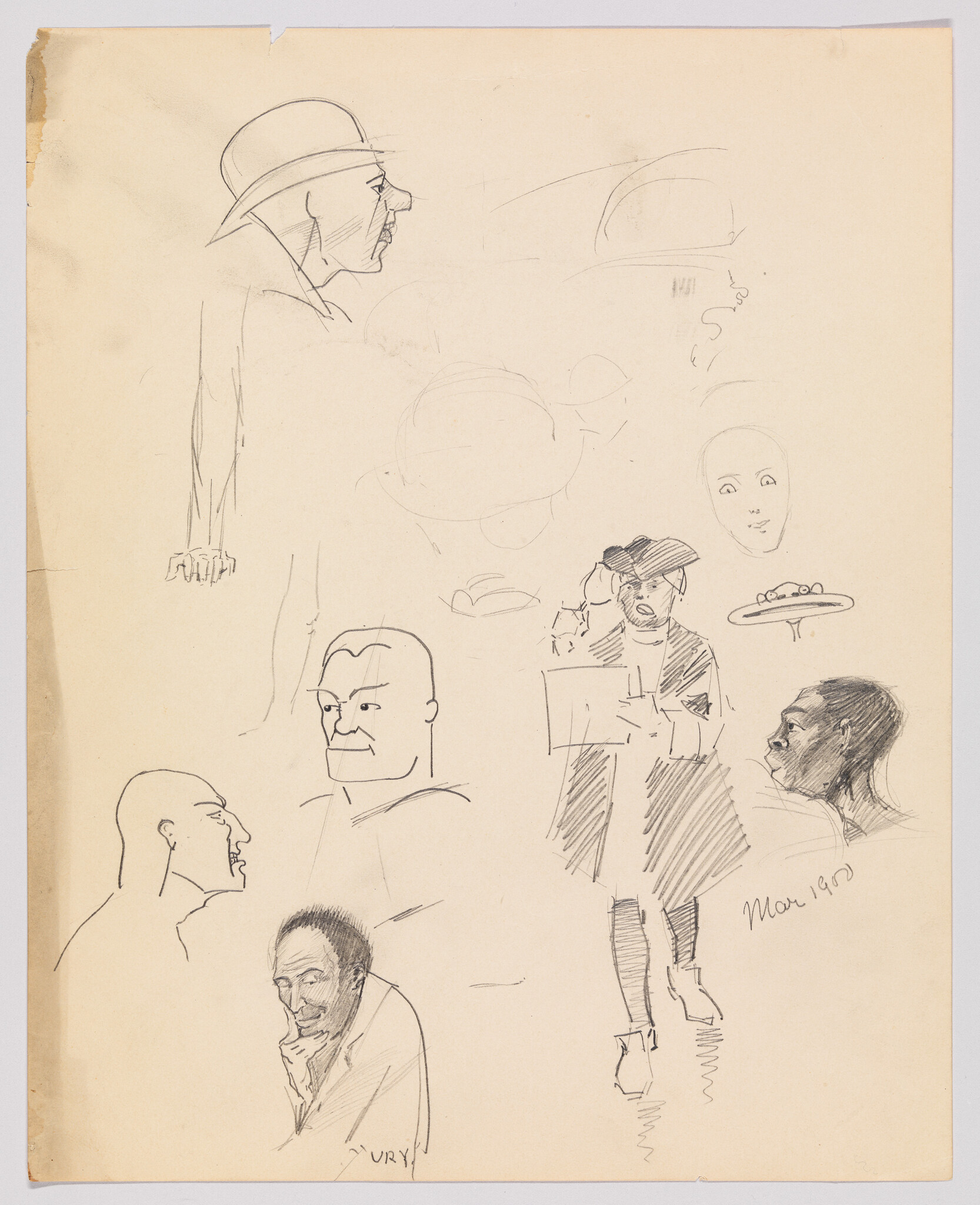 A sketch page with various pencil drawings, including a profile of a man wearing a hat, several facial studies of different expressions, a full-body sketch of a person in a dress and hat carrying a tray, and a detailed portrait of a man resting his chin on his hand. The paper is aged and has some discoloration. Some sketches are labeled with names or initials.