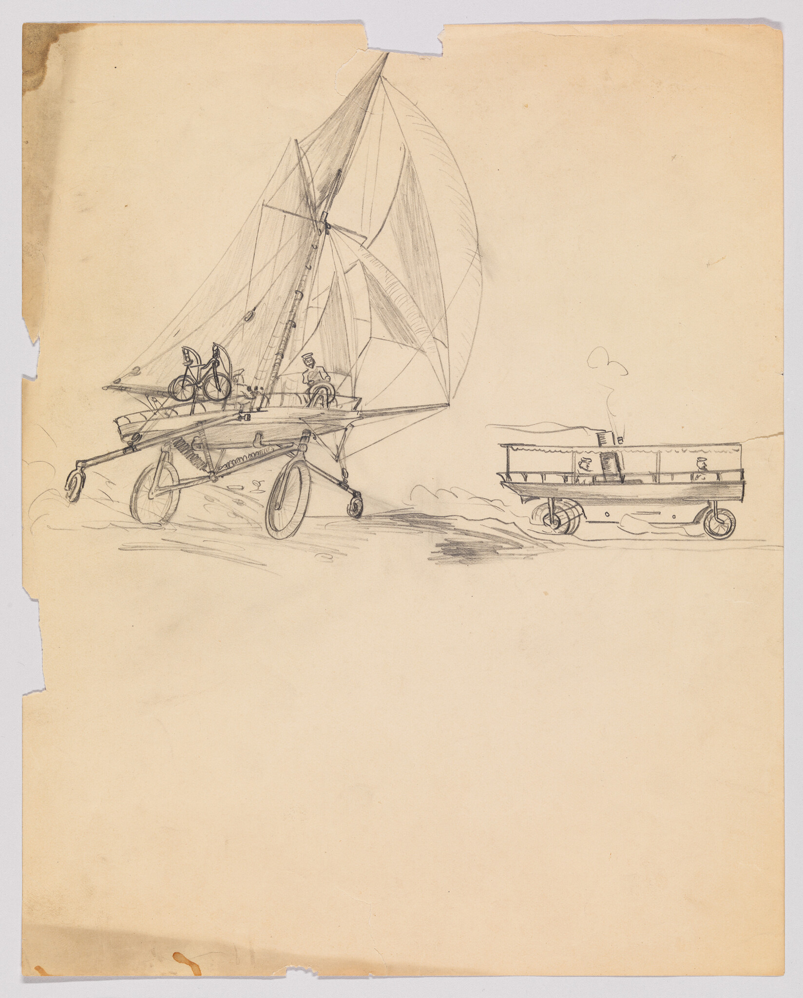 A pencil sketch shows a wheeled sail-powered land craft with a driver and trailer.