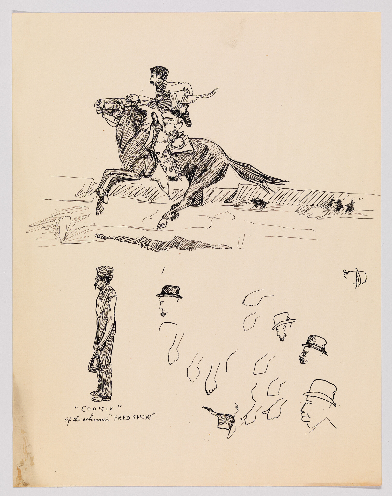 A bearded rider urges a galloping horse as it leaps over ground in an ink sketch.