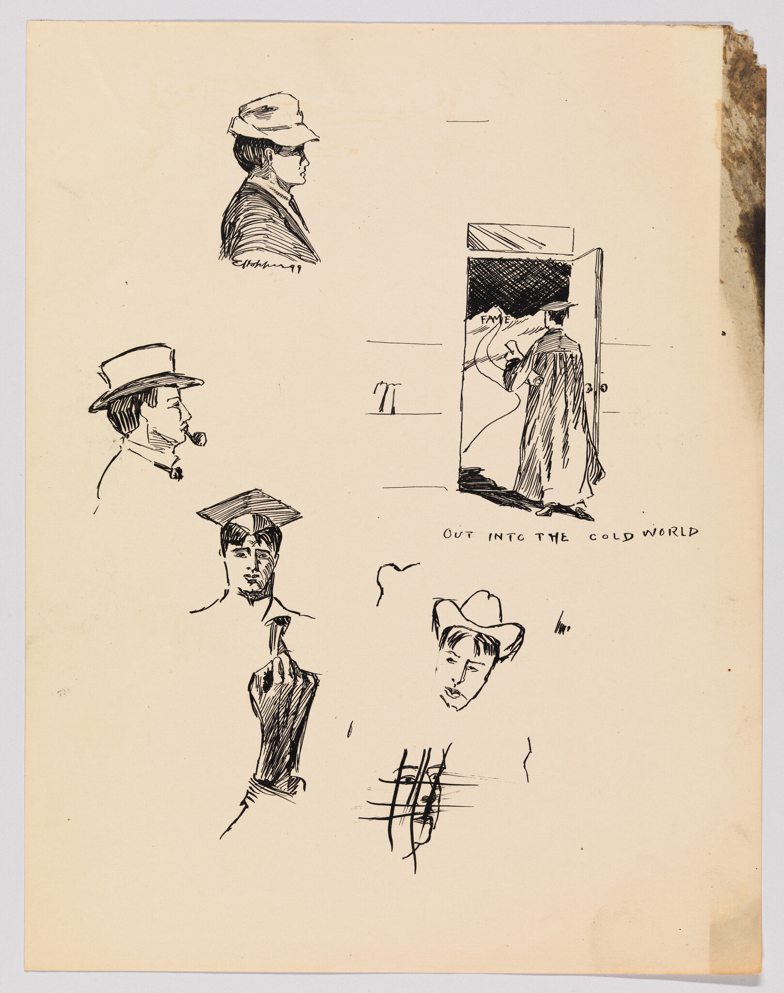 Several ink sketches of men surround a cloaked figure stepping through a doorway labeled "Out into the cold world."