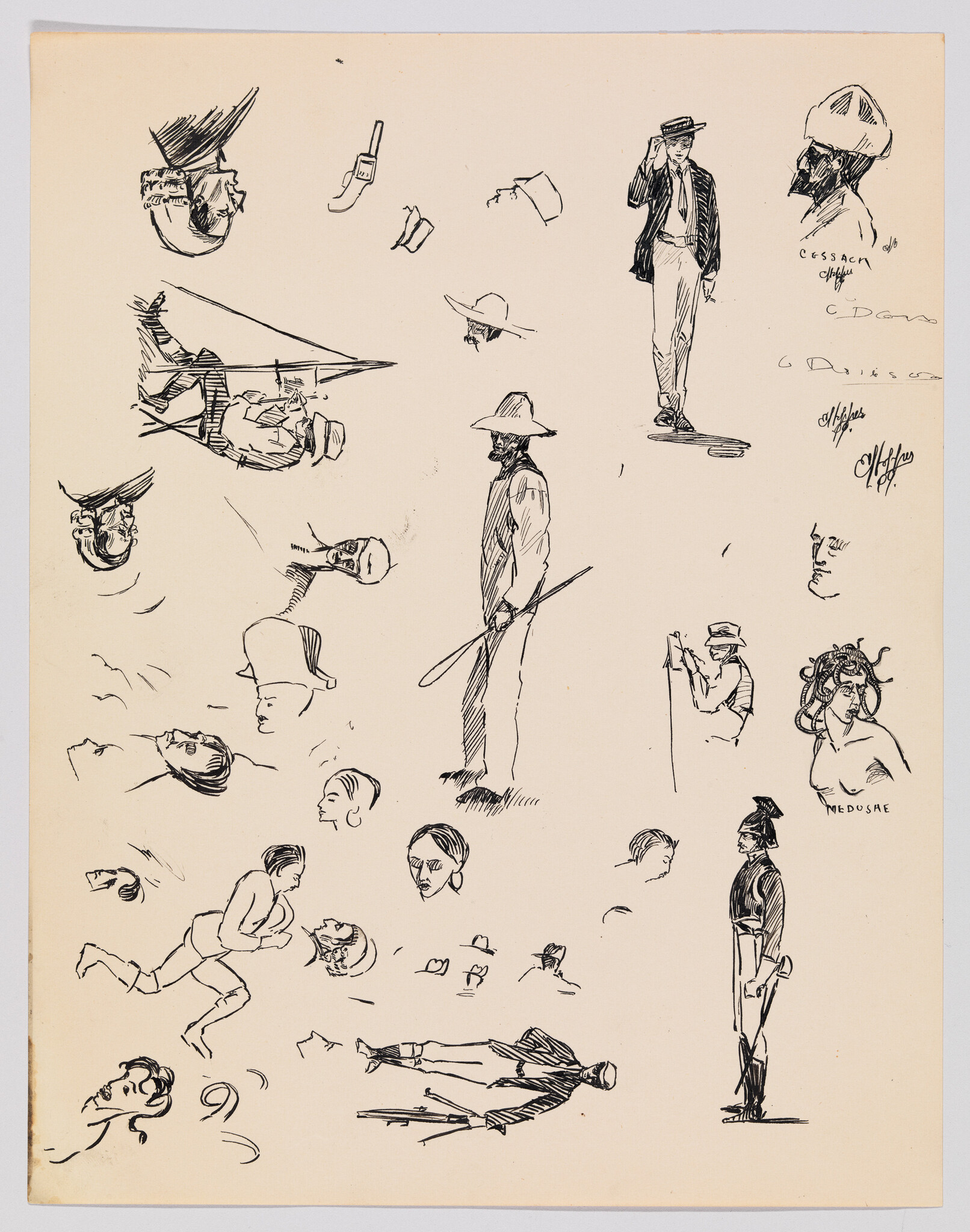 Multiple black ink sketches showing people, heads, and small scenes in different poses on cream paper.