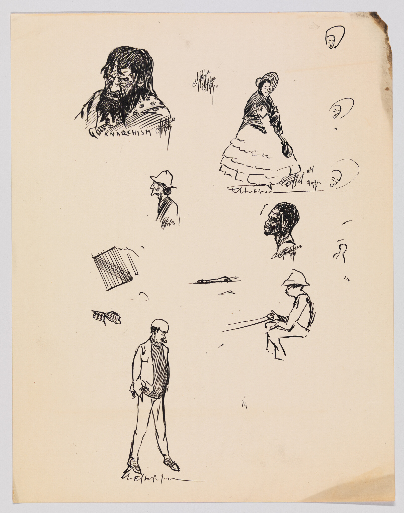 Several quick ink sketches show various people, including a bearded man and a woman in a dress.