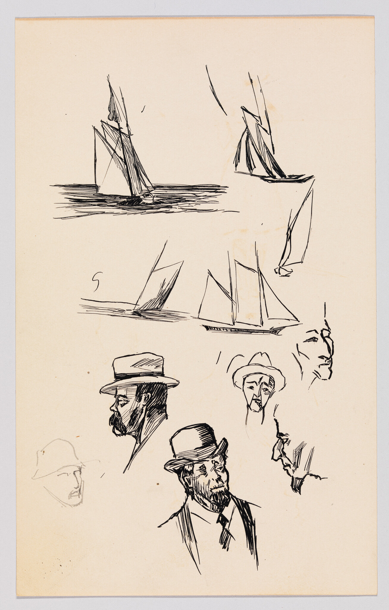 Several quick ink sketches show sailboats on water and portraits of men wearing hats.