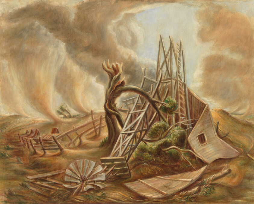 A surreal painting depicting a desolate landscape with a broken wooden roller coaster, a dilapidated house tilted on its side, and a shattered windmill. The sky is filled with swirling clouds in shades of brown and orange, suggesting a stormy or post-apocalyptic atmosphere. The ground is barren with patches of grass, and a leafless tree stands to the left, adding to the scene's desolation.