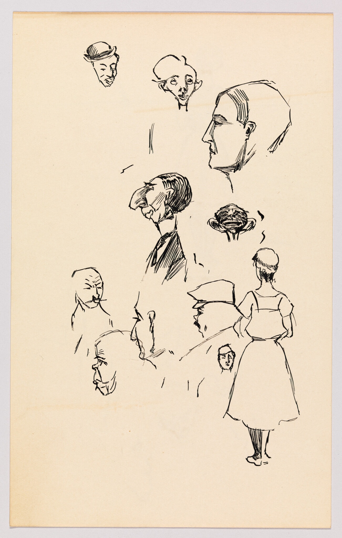Multiple ink sketches of varied faces and a woman standing with her hands behind her back.