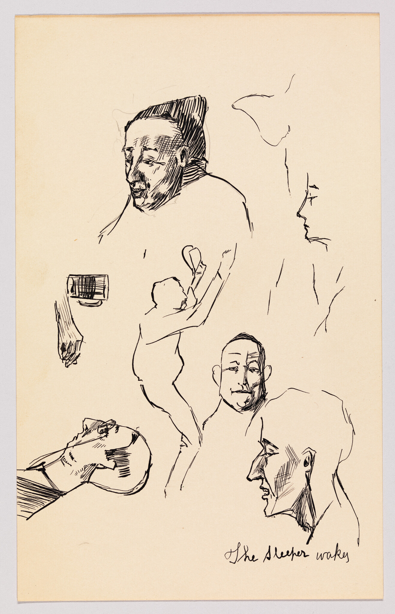 Several quick ink sketches show faces and a standing figure, with handwritten words "The sleeper wakes."