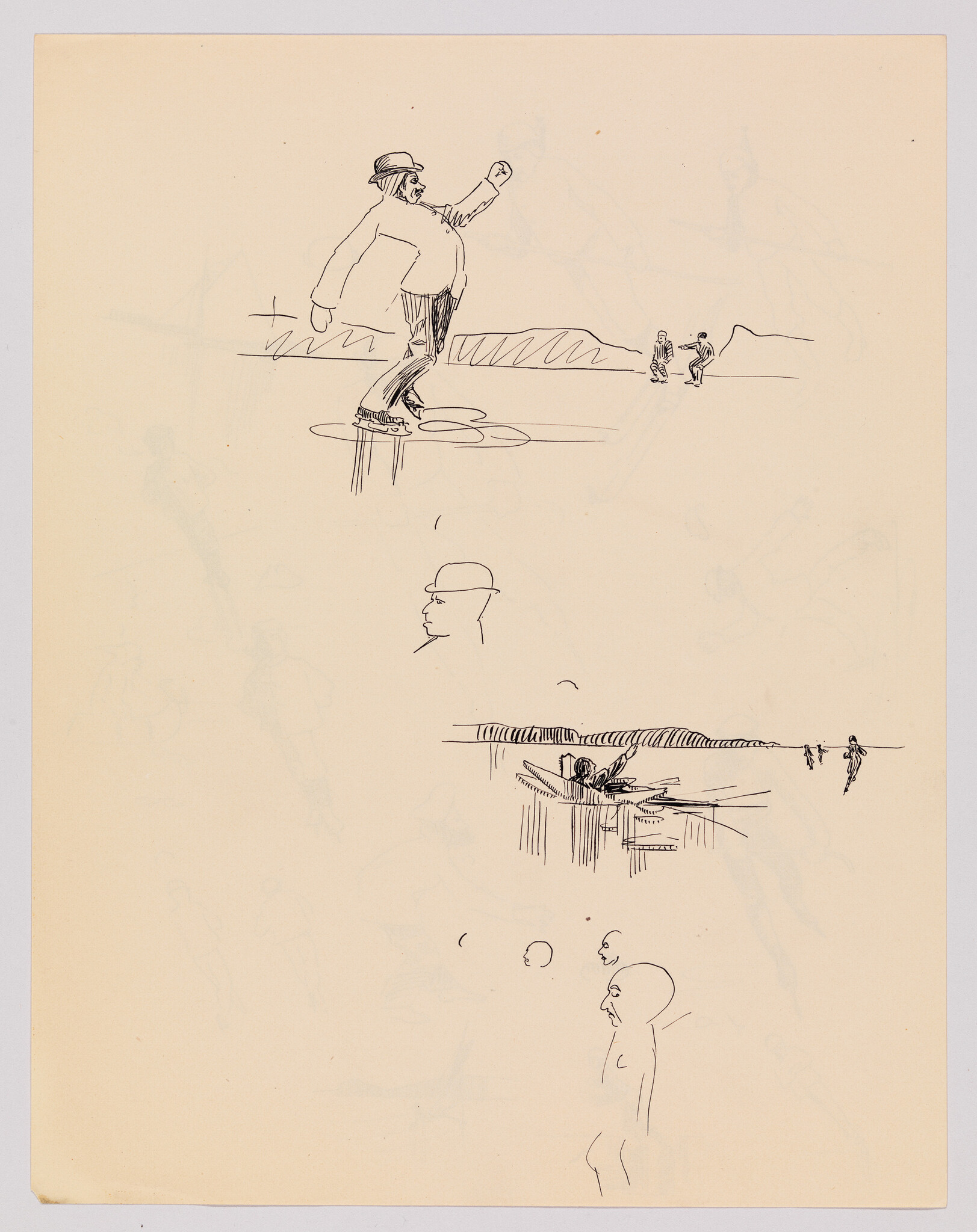 A hat-wearing man strides confidently along a narrow plank while small figures stand in the background.