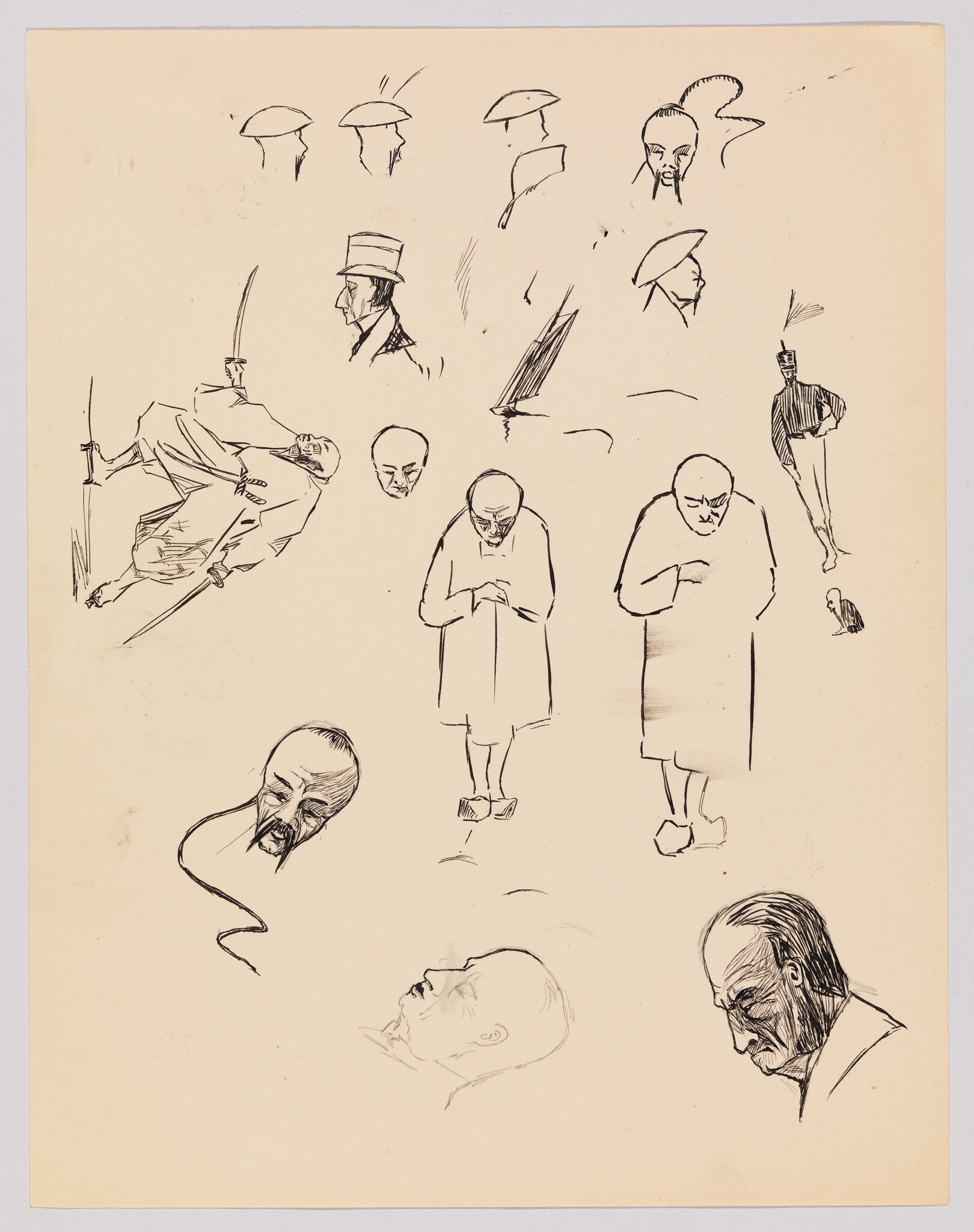 Multiple quick ink sketches of men's heads and standing figures in different poses.